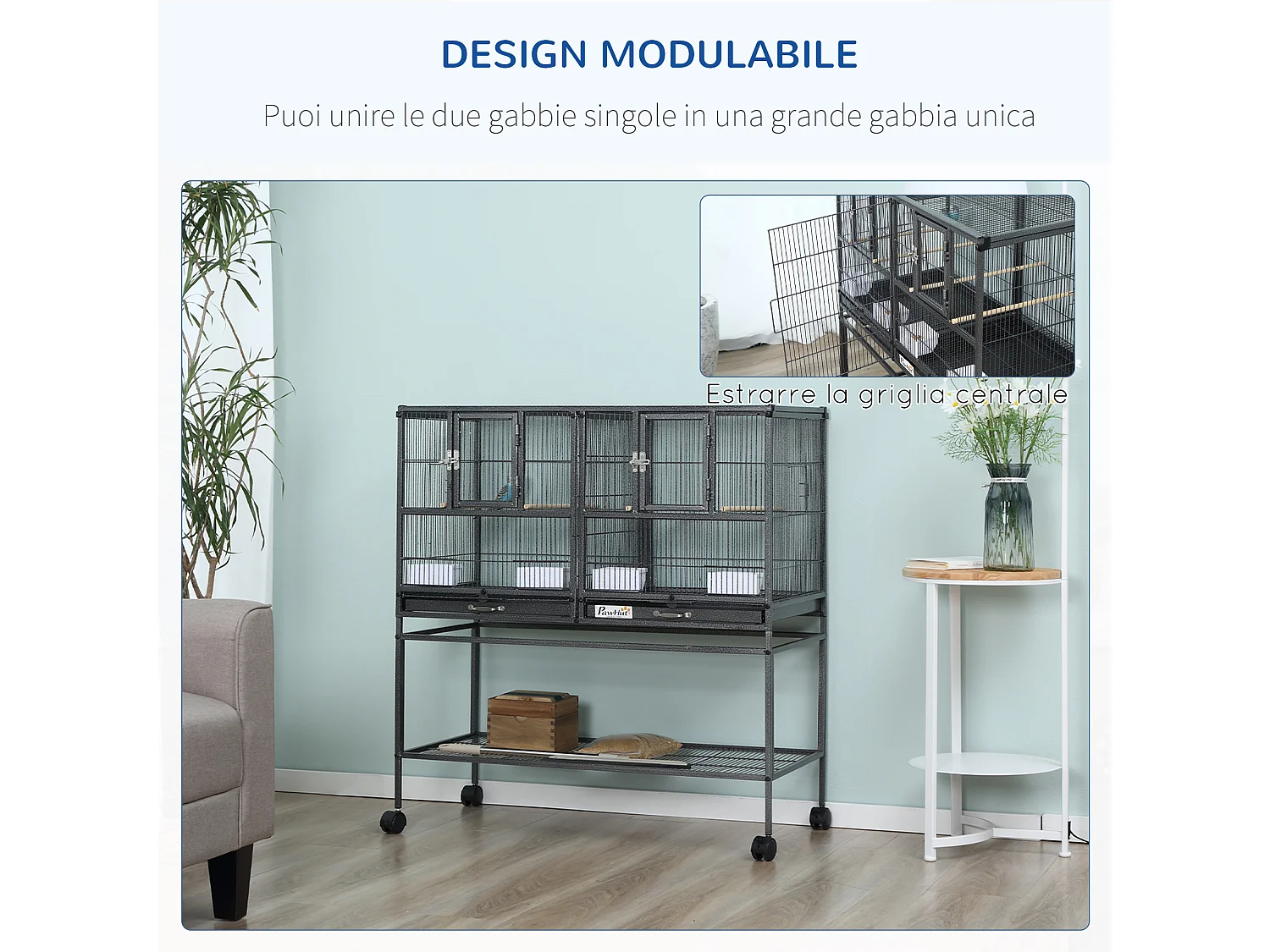 Doppia gabbia per uccelli vassoi estraibili supporto con ruote e ripiano
