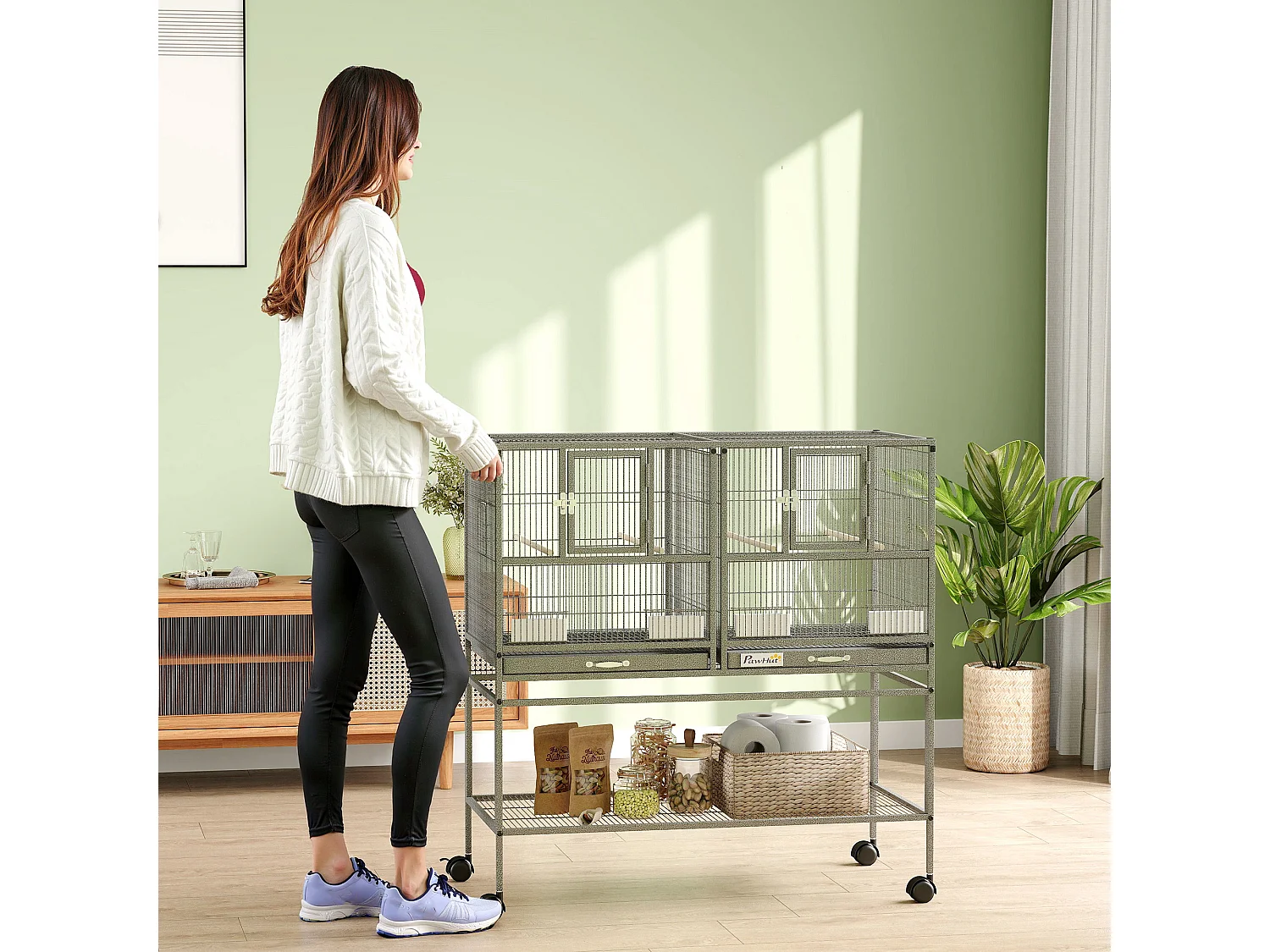 Doppia gabbia per uccelli vassoi estraibili supporto con ruote e ripiano