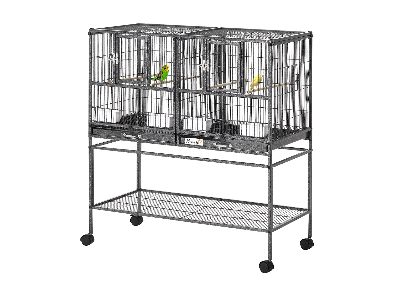 Doppia gabbia per uccelli vassoi estraibili supporto con ruote e ripiano