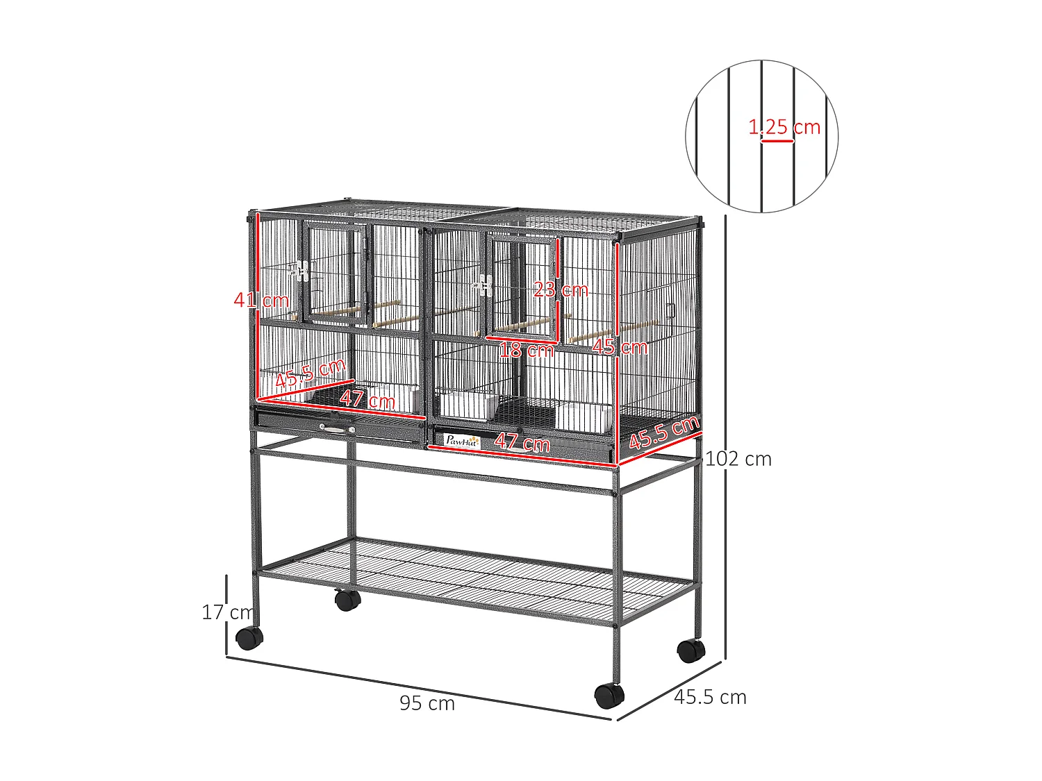 Doppia gabbia per uccelli vassoi estraibili supporto con ruote e ripiano