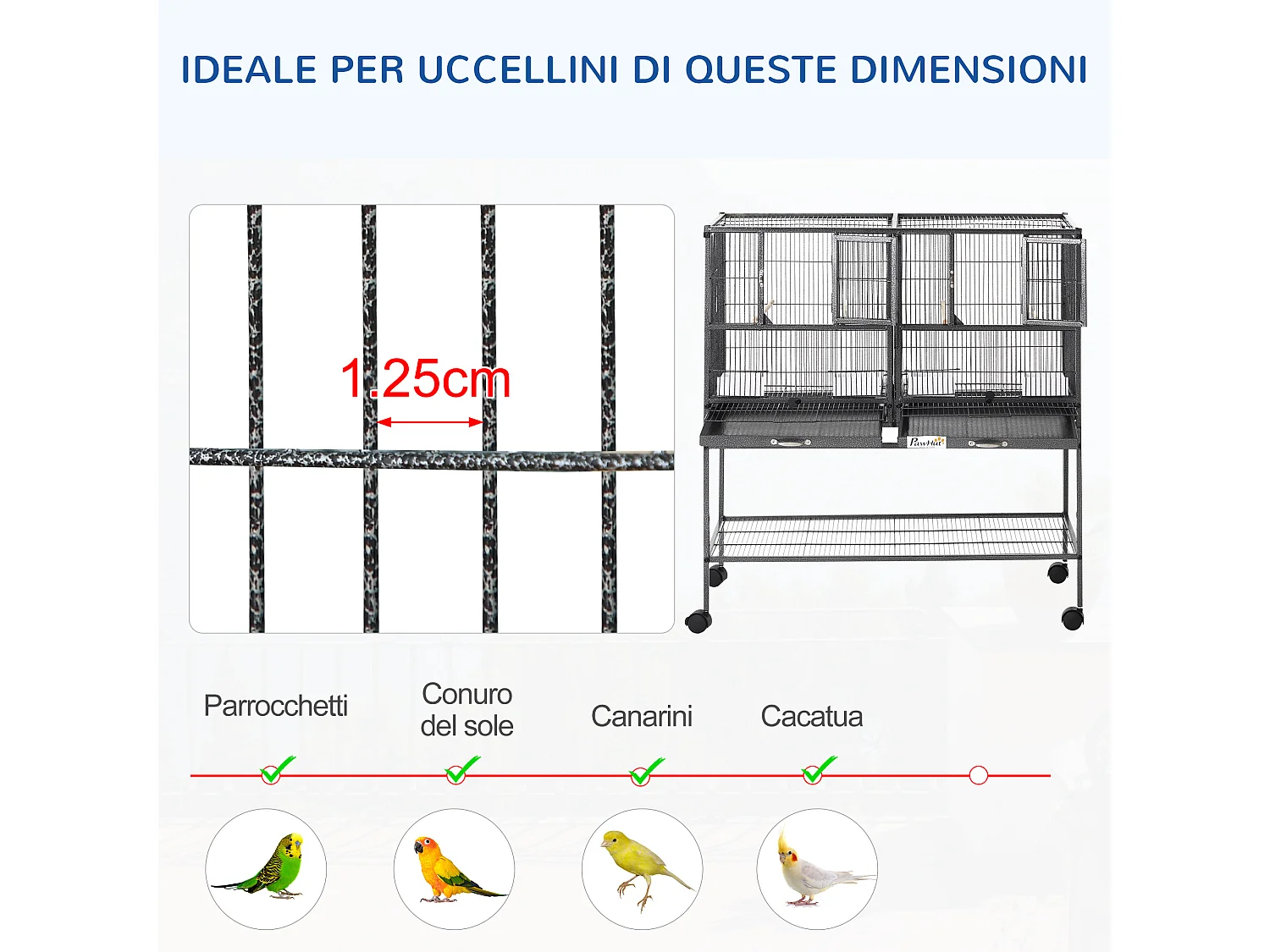 Doppia gabbia per uccelli vassoi estraibili supporto con ruote e ripiano