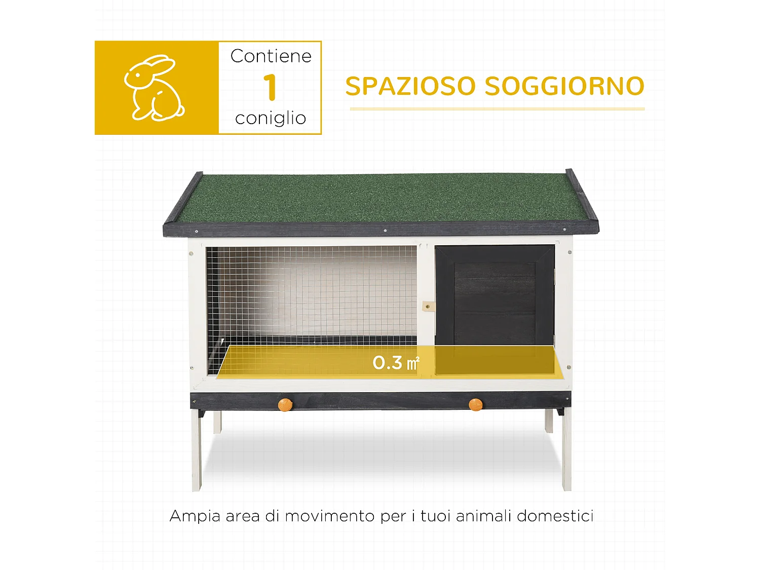 Conigliera da esterno con vassoio estraibile e tetto apribile in bitume