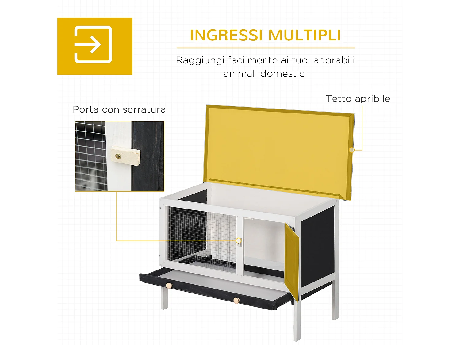 Conigliera da esterno con vassoio estraibile e tetto apribile in bitume