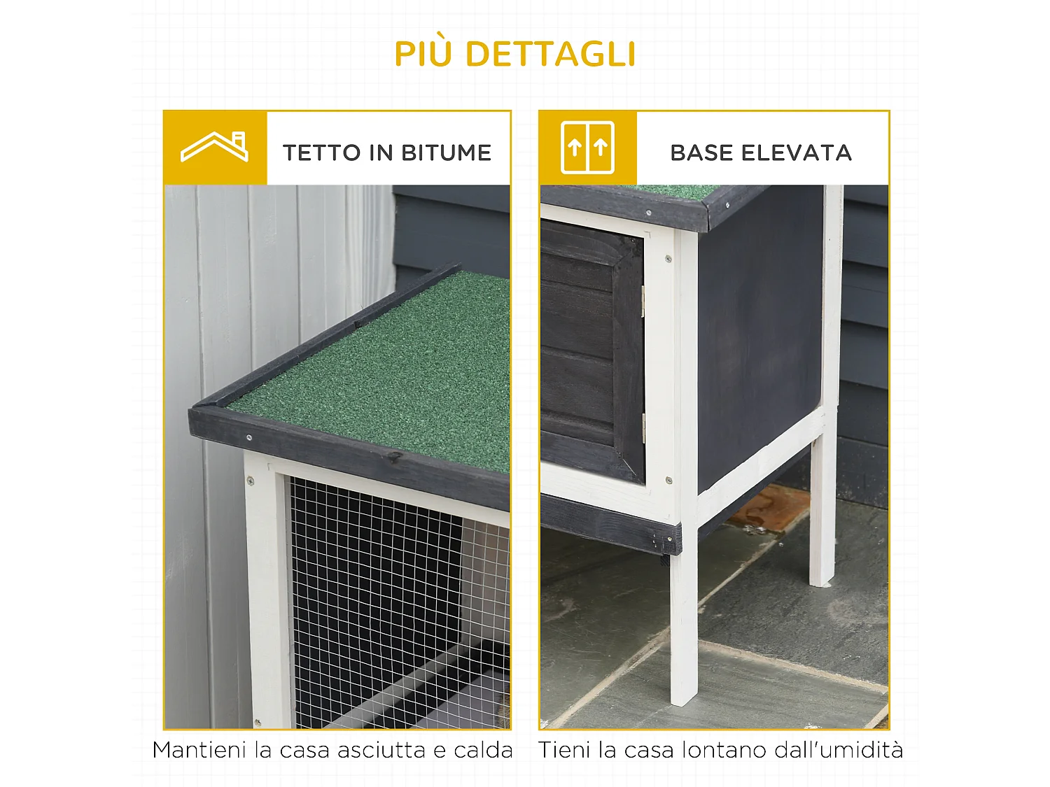 Conigliera da esterno con vassoio estraibile e tetto apribile in bitume