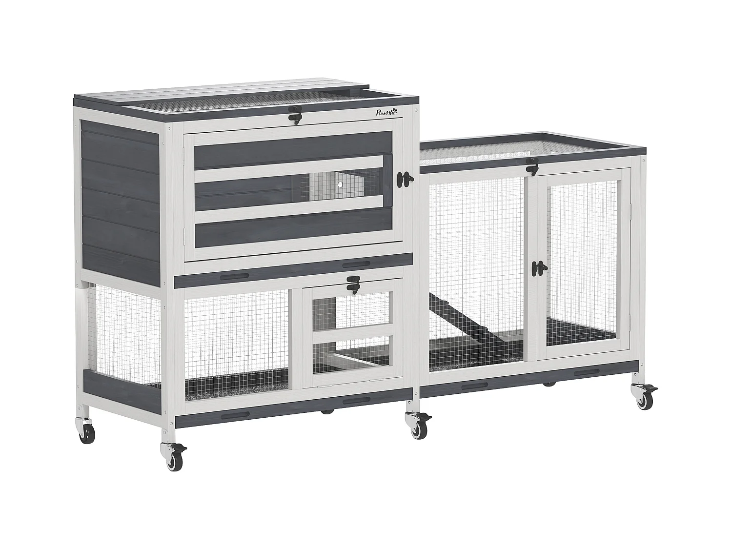 Conigliera a 2 livelli con rampa e 3 vassoi grigia e bianca