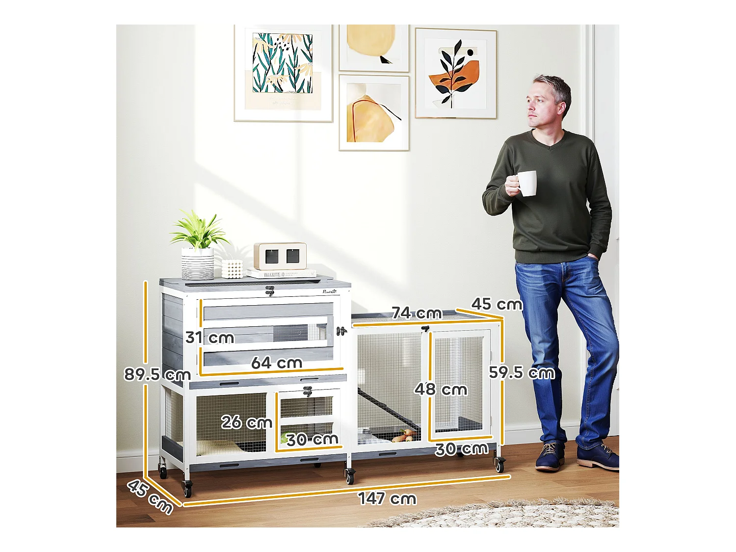 Conigliera a 2 livelli con rampa e 3 vassoi grigia e bianca