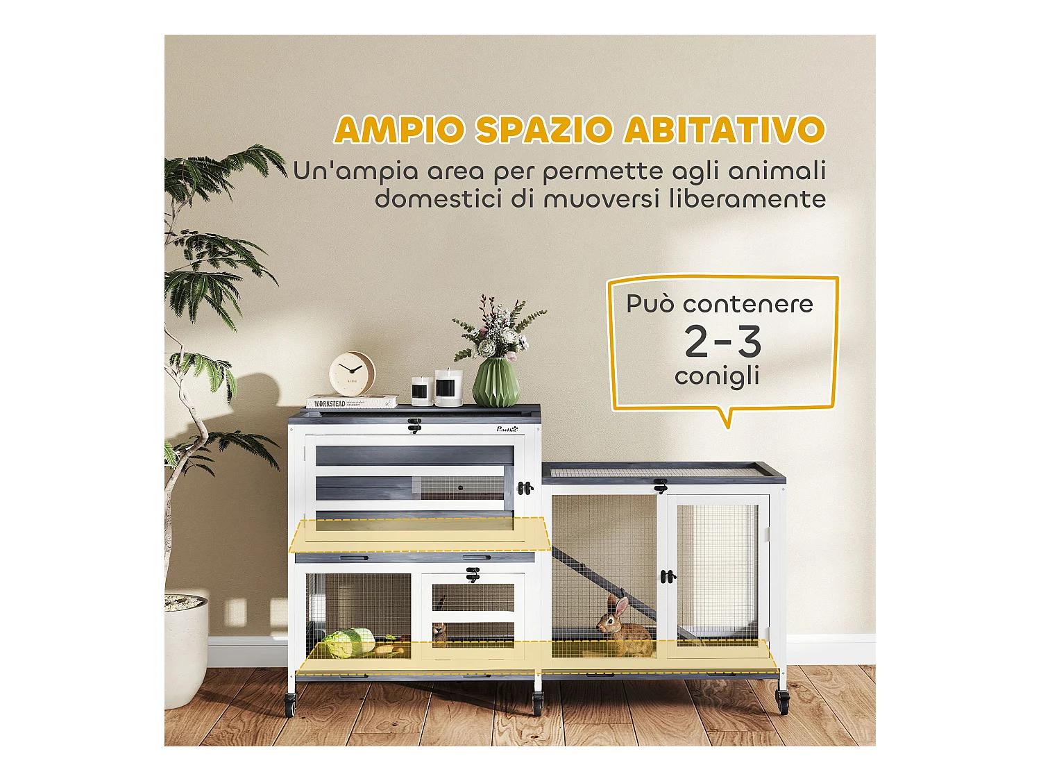 Conigliera a 2 livelli con rampa e 3 vassoi grigia e bianca