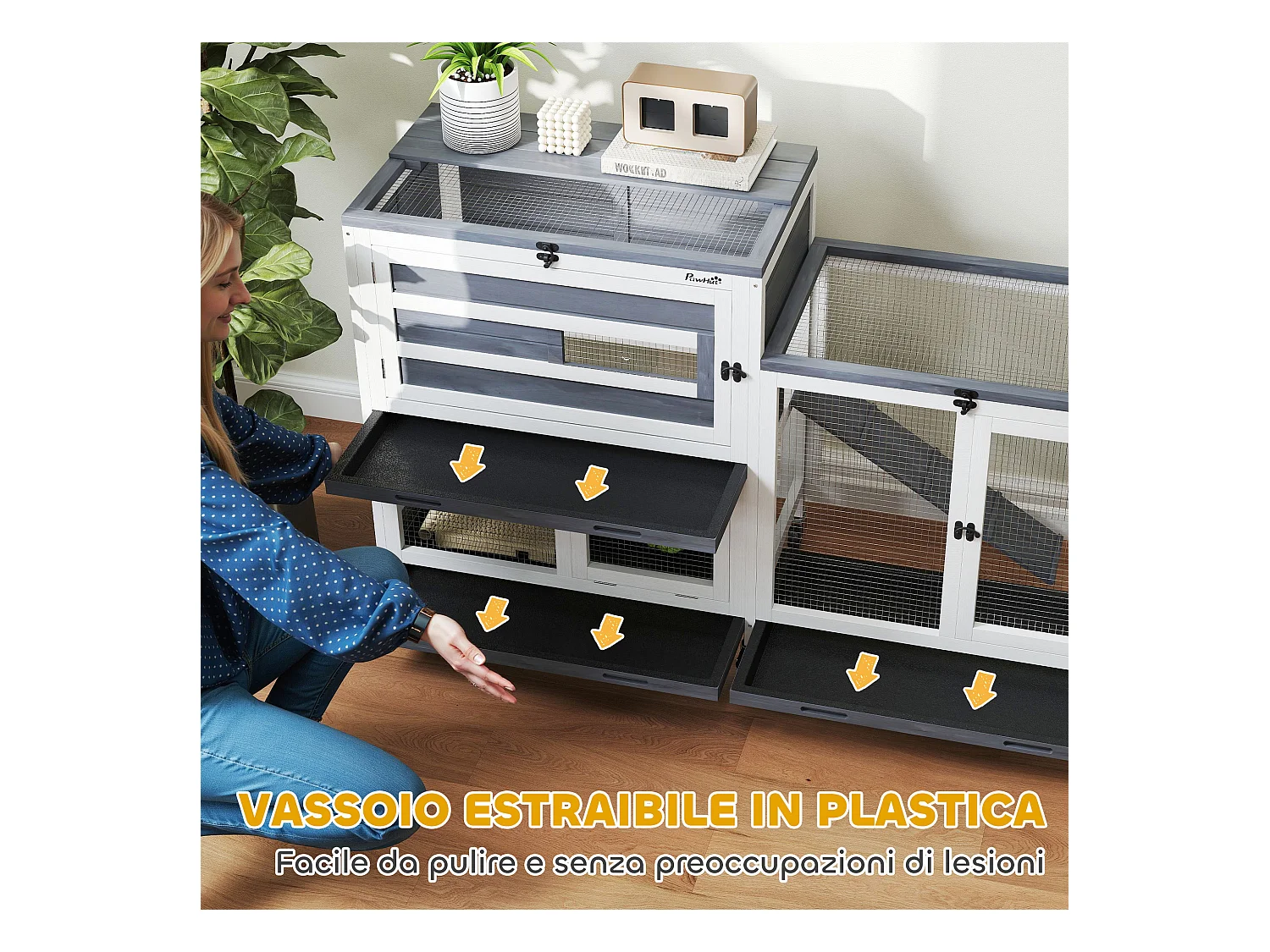 Conigliera a 2 livelli con rampa e 3 vassoi grigia e bianca