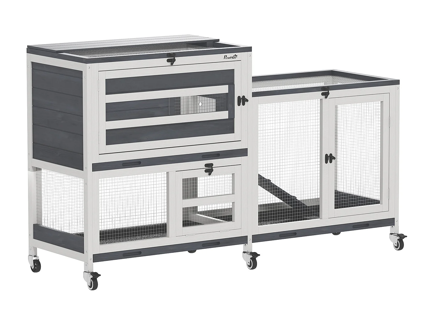 Conigliera a 2 livelli con rampa e 3 vassoi grigia e bianca