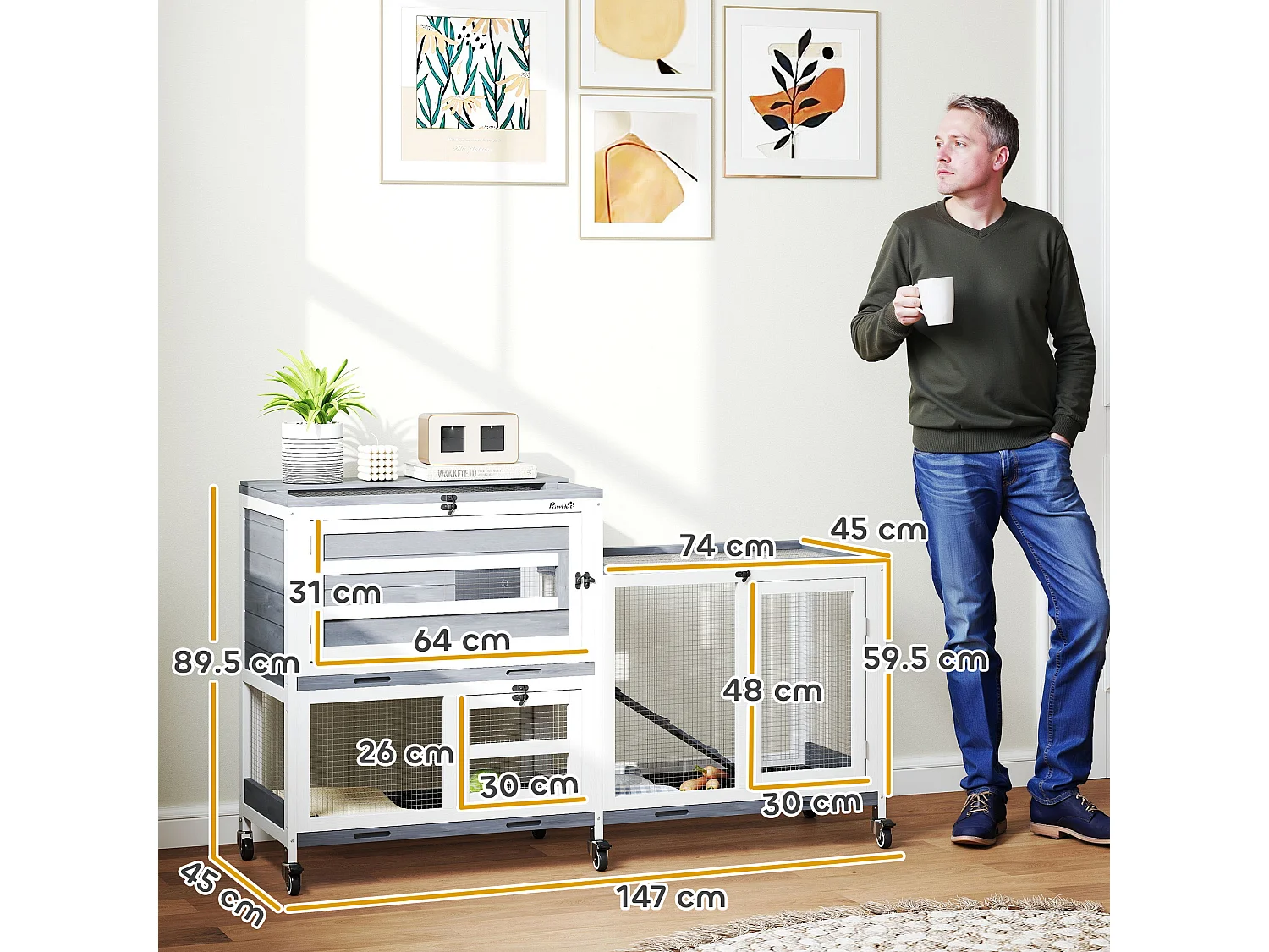 Conigliera a 2 livelli con rampa e 3 vassoi grigia e bianca
