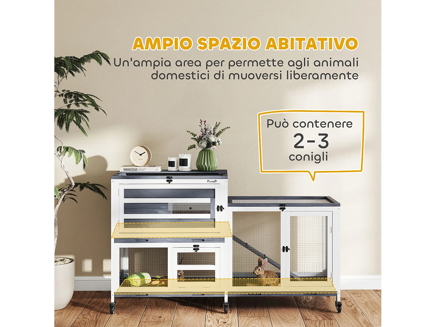 Conigliera a 2 livelli con rampa e 3 vassoi grigia e bianca