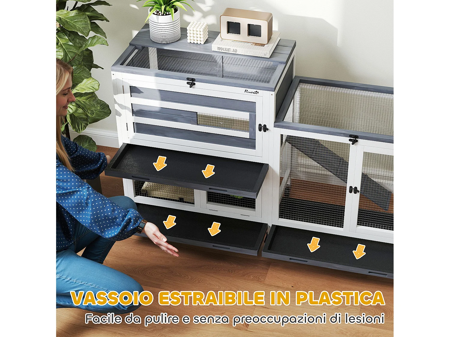 Conigliera a 2 livelli con rampa e 3 vassoi grigia e bianca