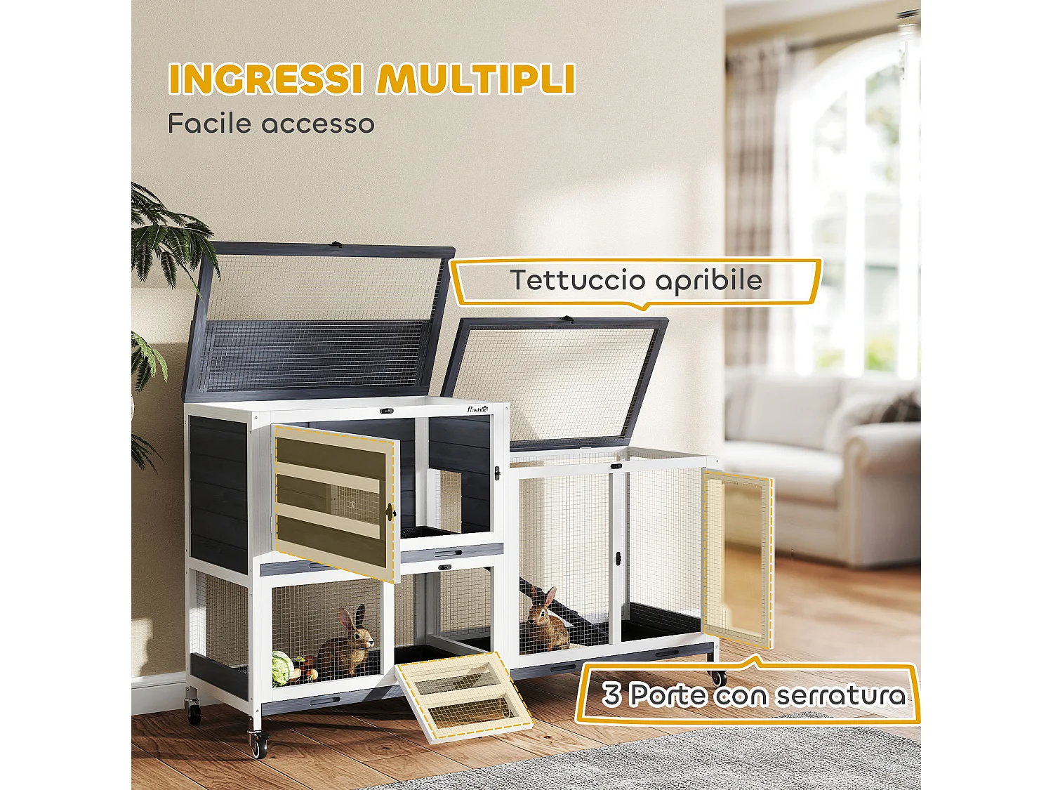 Conigliera a 2 livelli con rampa e 3 vassoi grigia e bianca