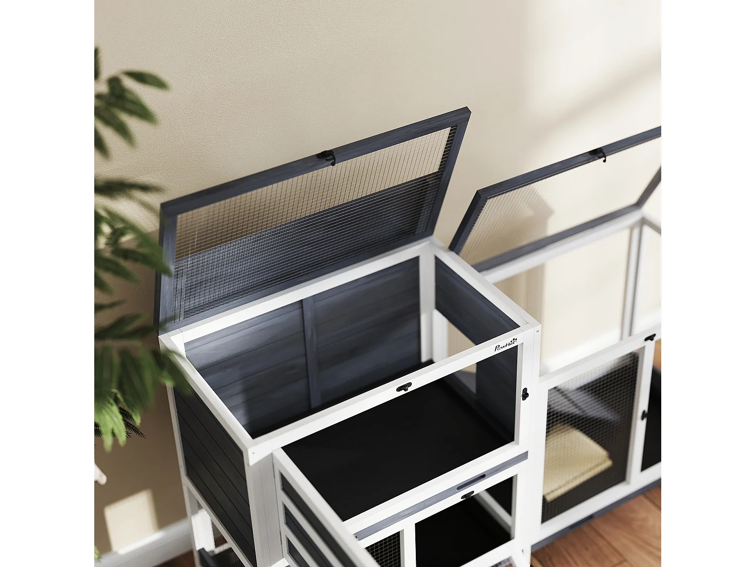 Conigliera a 2 livelli con rampa e 3 vassoi grigia e bianca