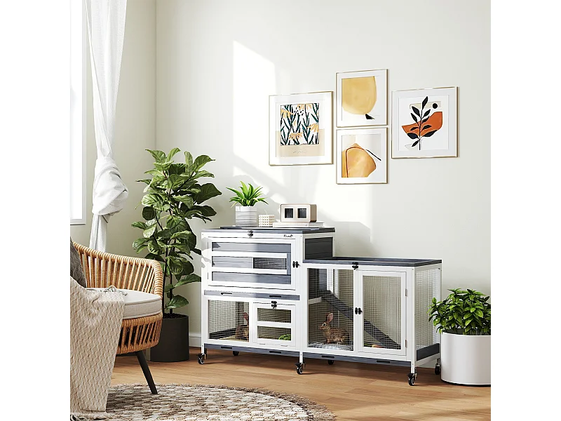 Conigliera a 2 livelli con rampa e 3 vassoi grigia e bianca