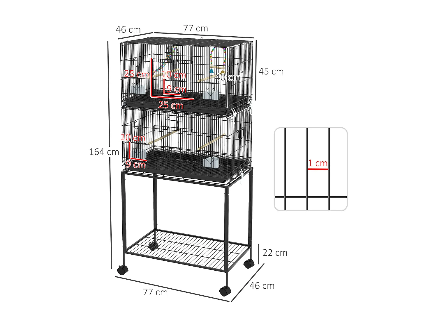 Gabbia per uccelli dal design impilato con altalene e scalette nera