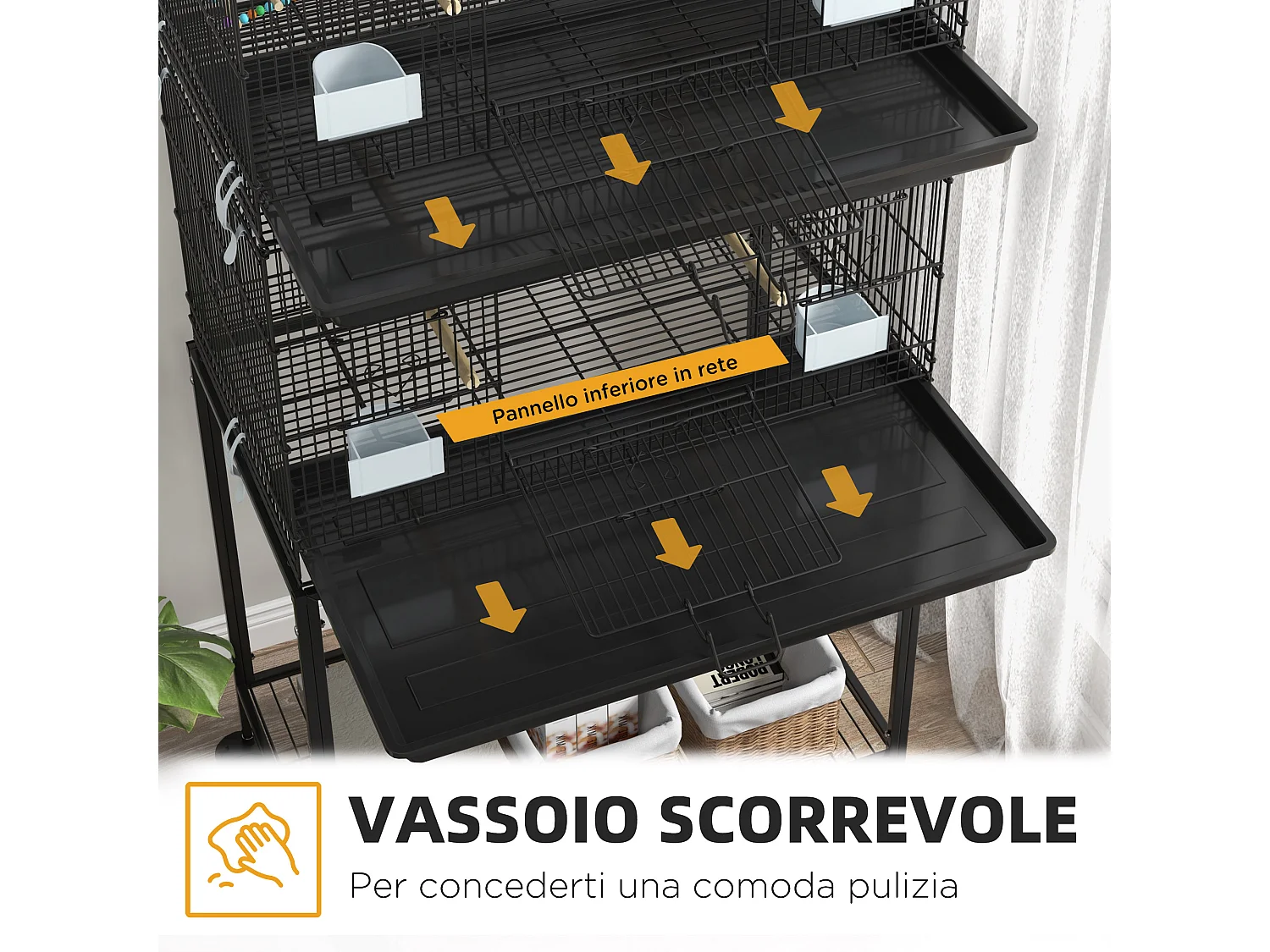 Gabbia per uccelli dal design impilato con altalene e scalette nera