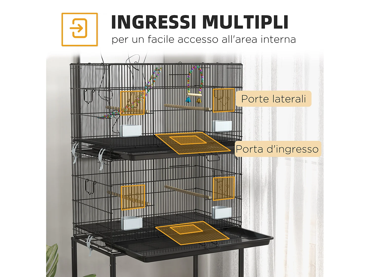 Gabbia per uccelli dal design impilato con altalene e scalette nera