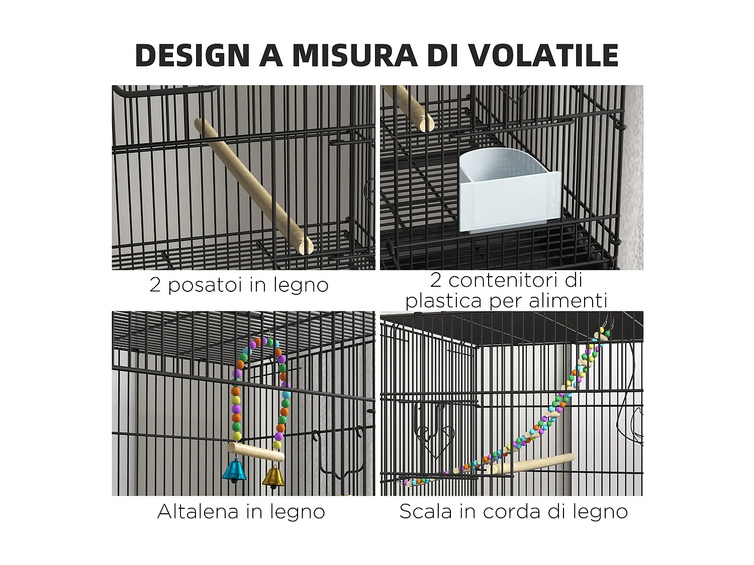 Gabbia per uccelli dal design impilato con altalene e scalette nera