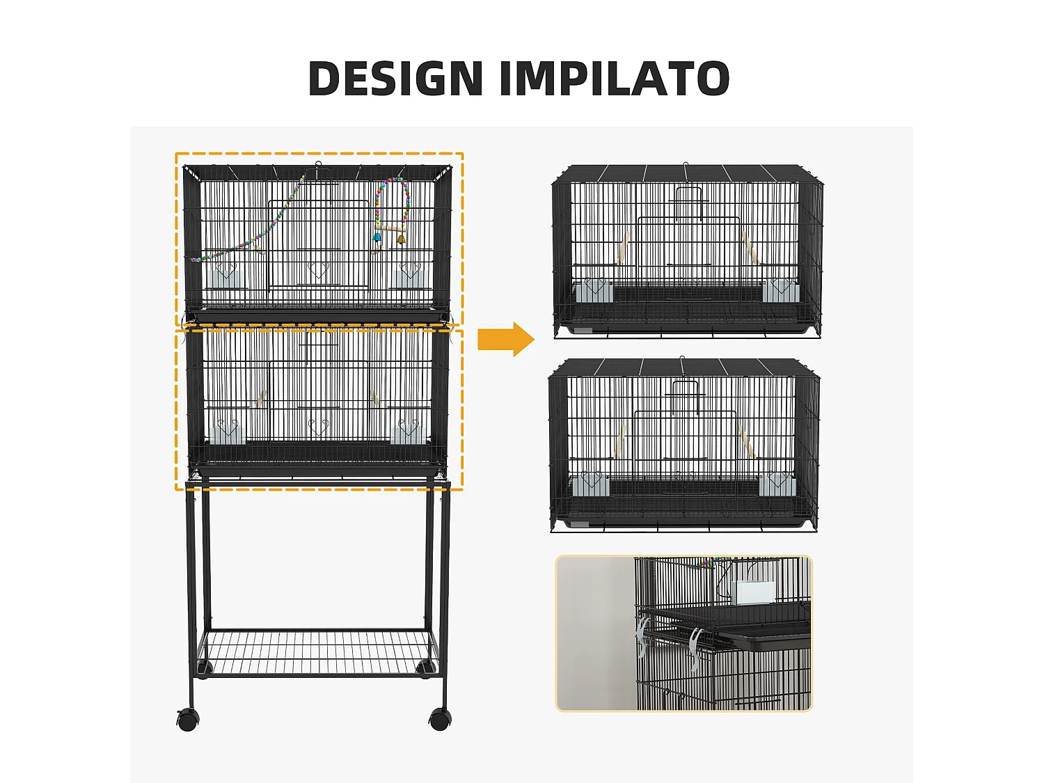 Gabbia per uccelli dal design impilato con altalene e scalette nera