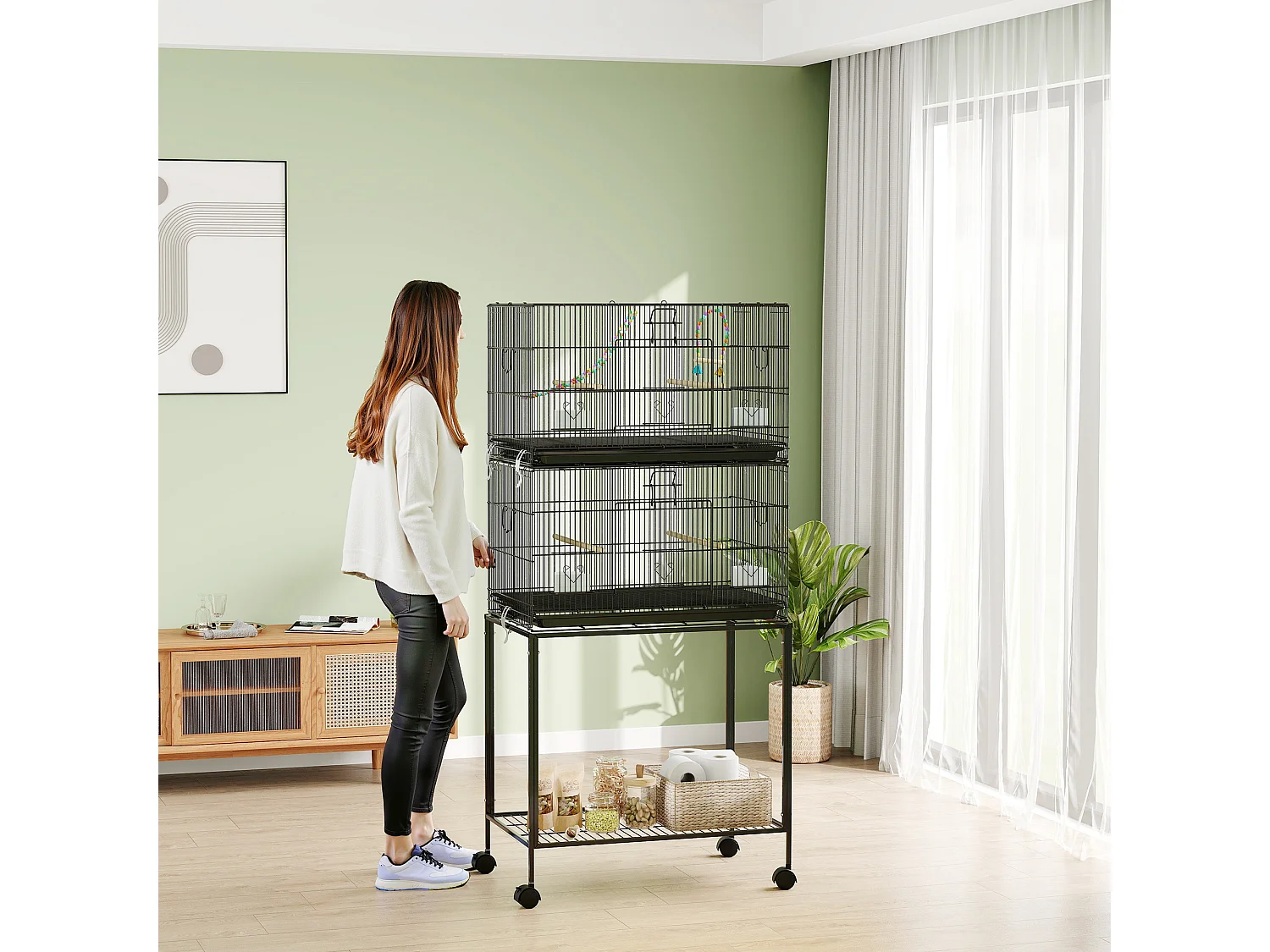 Gabbia per uccelli dal design impilato con altalene e scalette nera