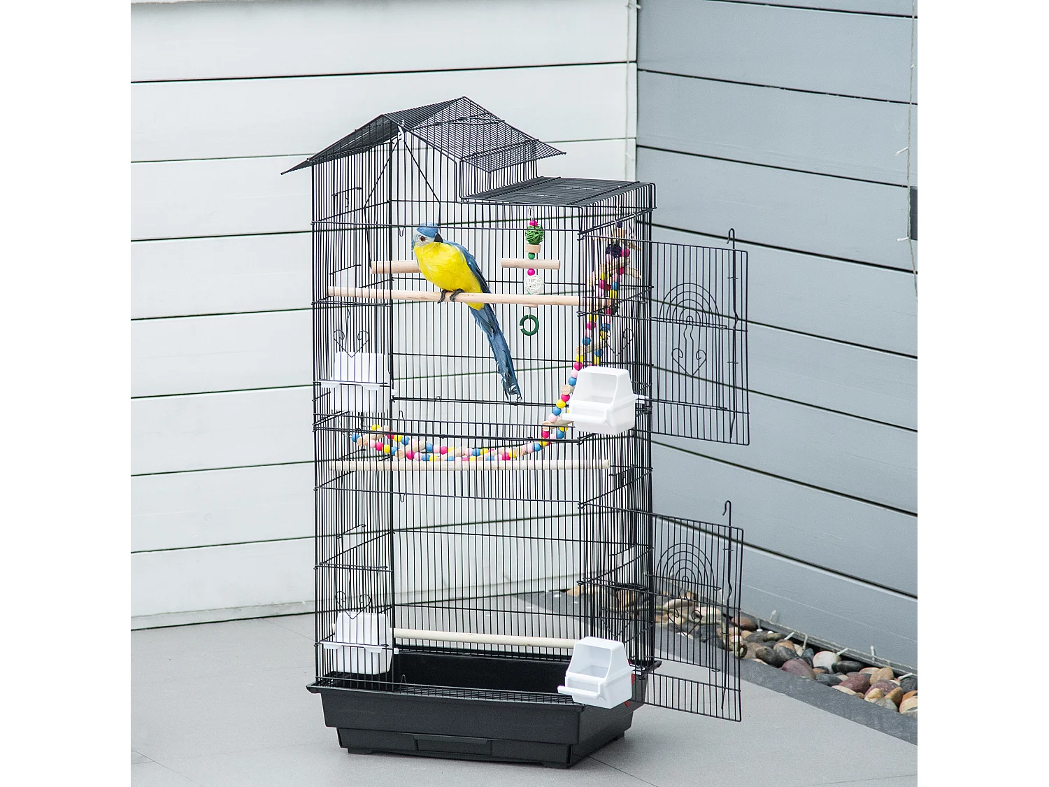 Gabbia per uccelli con scaletta e altalena in acciaio, pp e legno nera