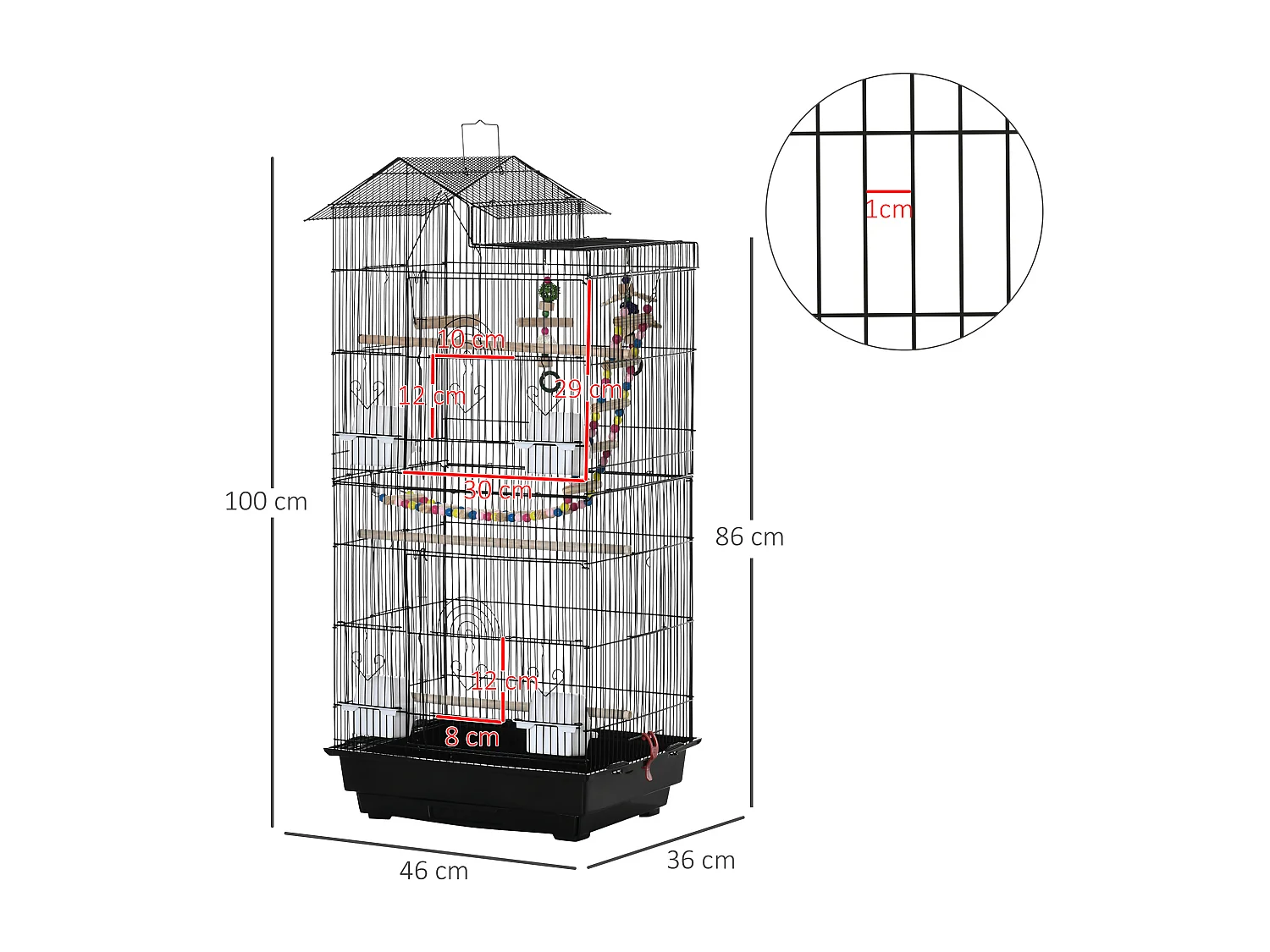 Gabbia per uccelli con scaletta e altalena in acciaio, pp e legno nera