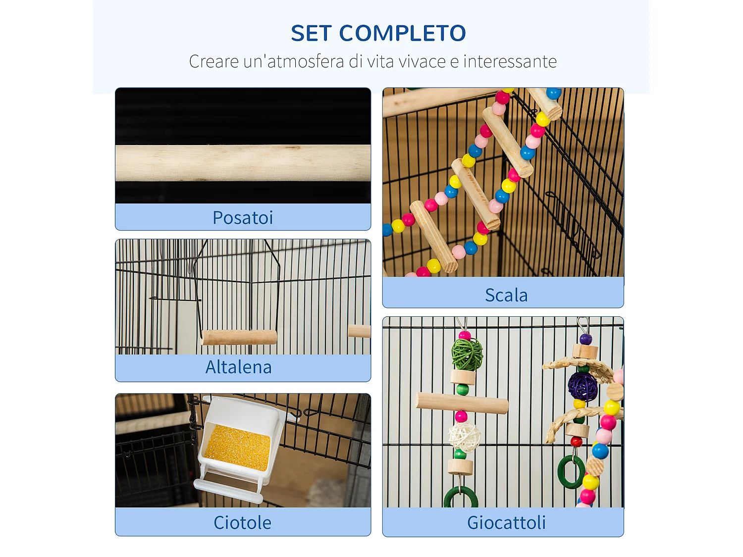 Gabbia per uccelli con scaletta e altalena in acciaio, pp e legno nera