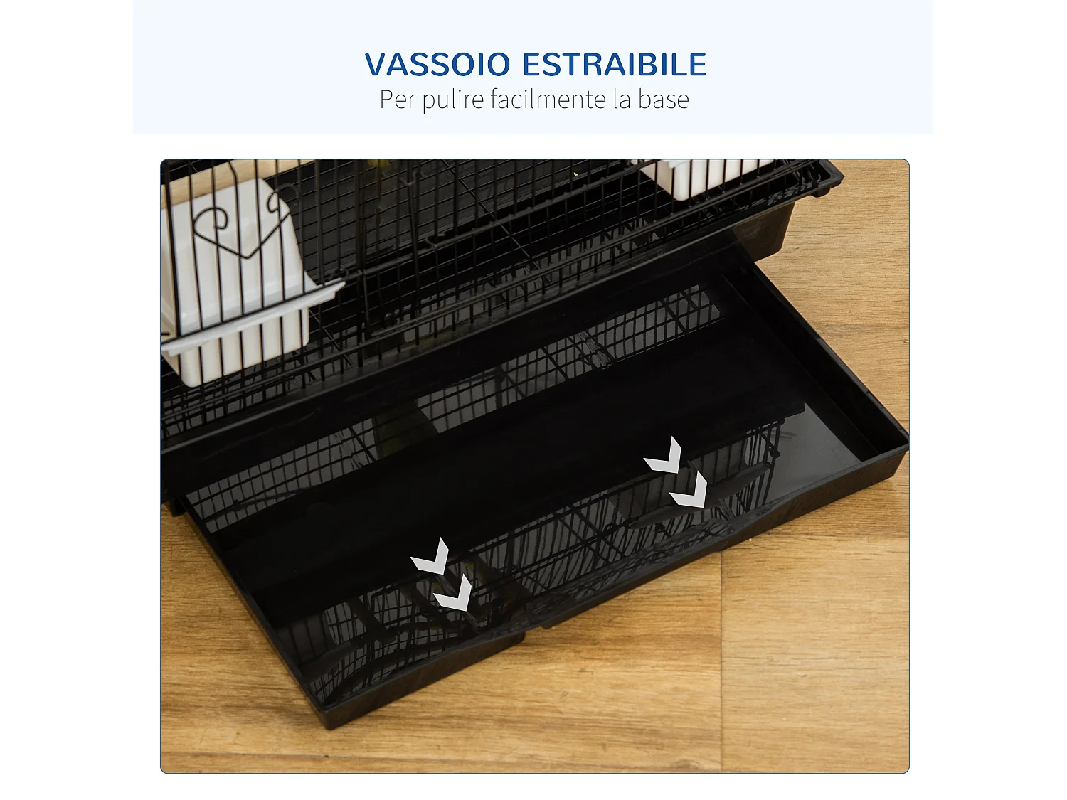 Gabbia per uccelli con scaletta e altalena in acciaio, pp e legno nera