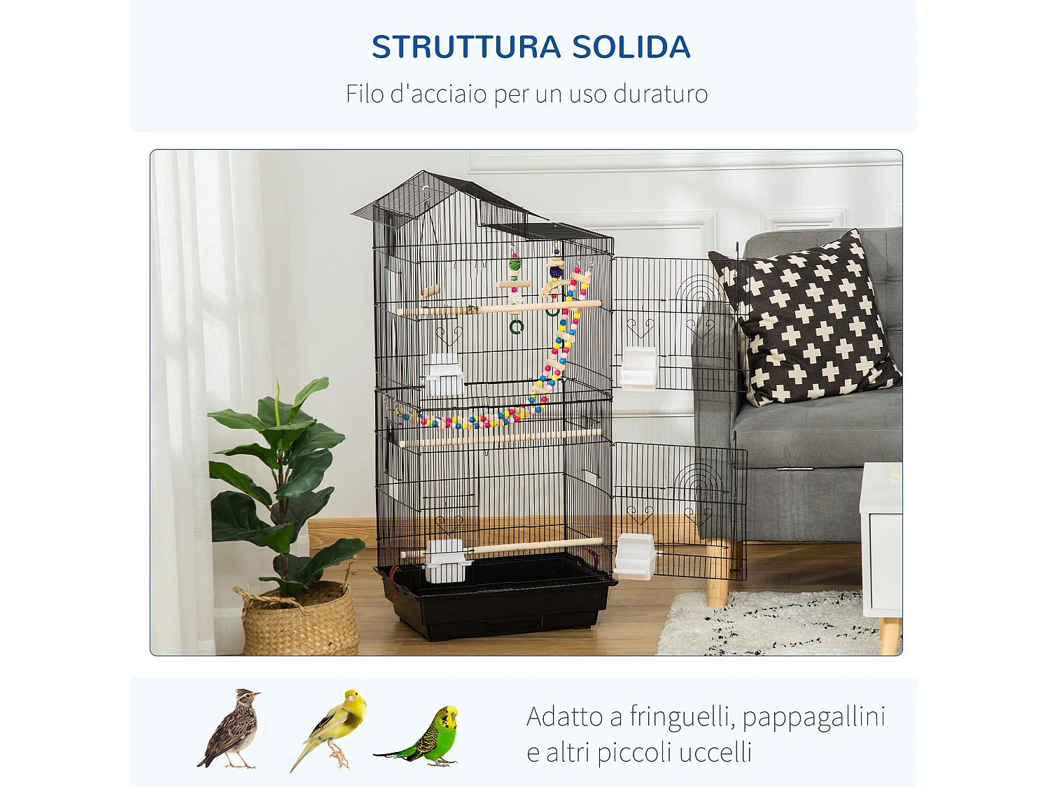 Gabbia per uccelli con scaletta e altalena in acciaio, pp e legno nera