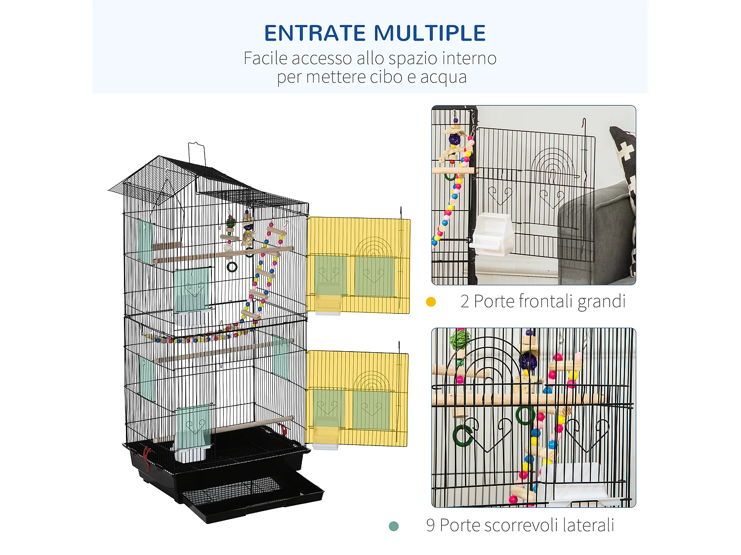 Gabbia per uccelli con scaletta e altalena in acciaio, pp e legno nera