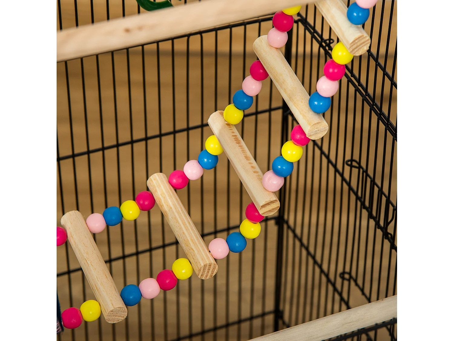 Gabbia per uccelli con scaletta e altalena in acciaio, pp e legno nera