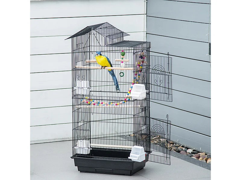 Gabbia per uccelli con scaletta e altalena in acciaio, pp e legno nera