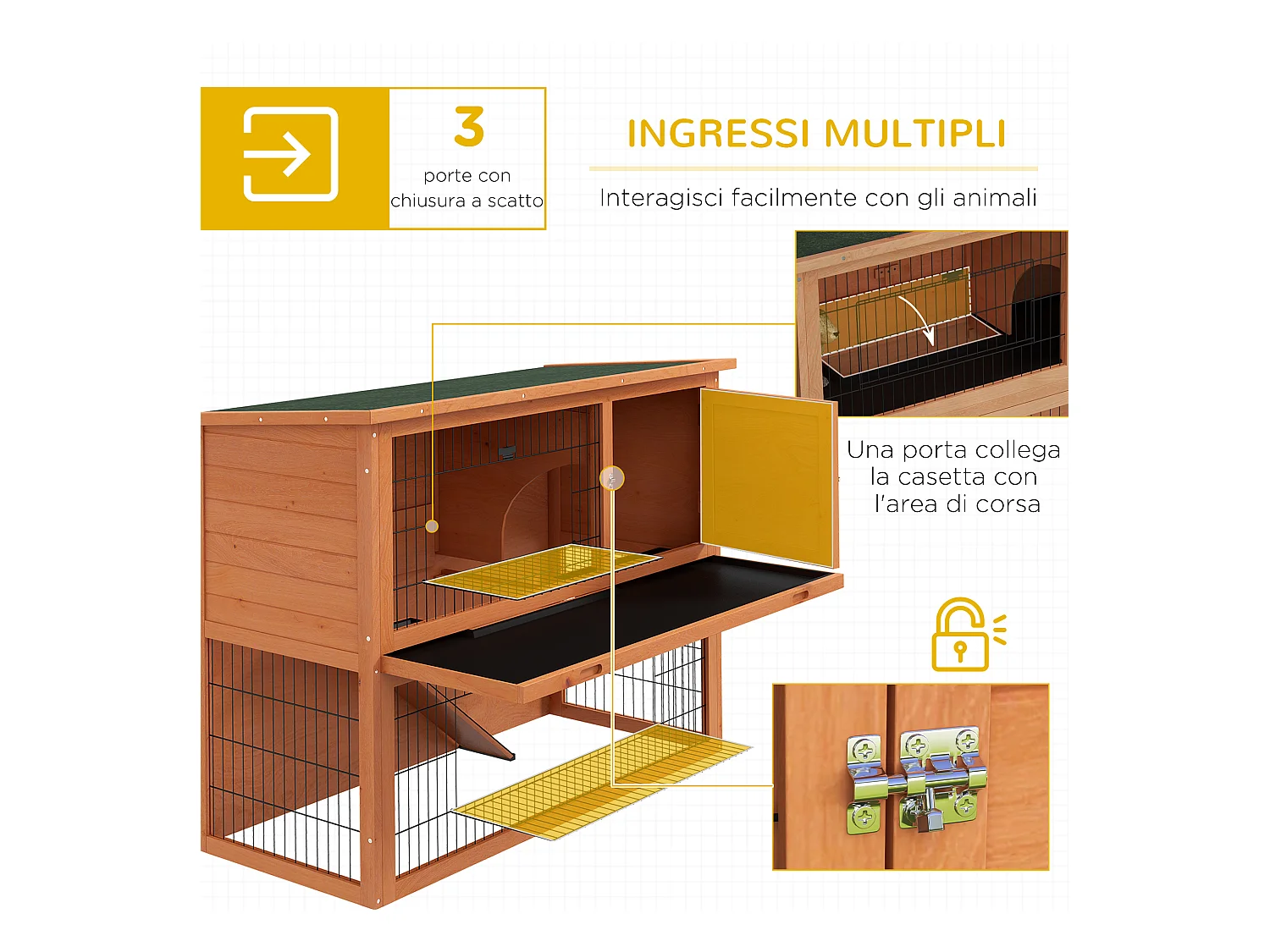 Conigliera da esterno 2 livelli in legno con casetta per 1-2 conigli