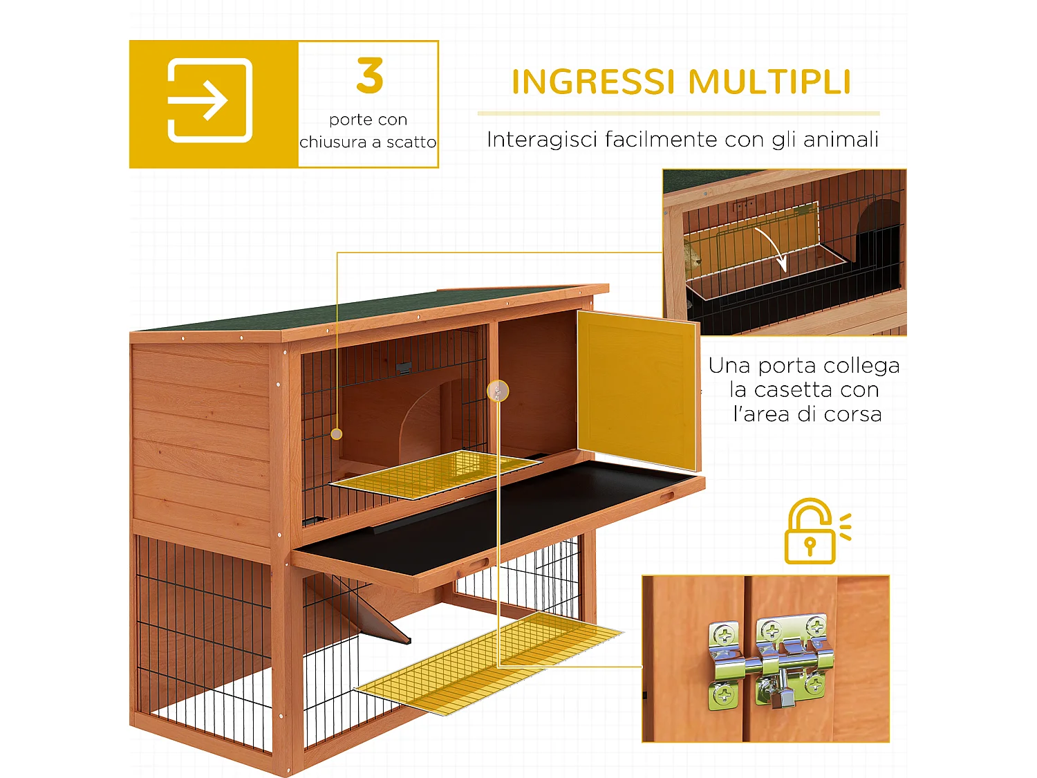 Conigliera da esterno 2 livelli in legno con casetta per 1-2 conigli