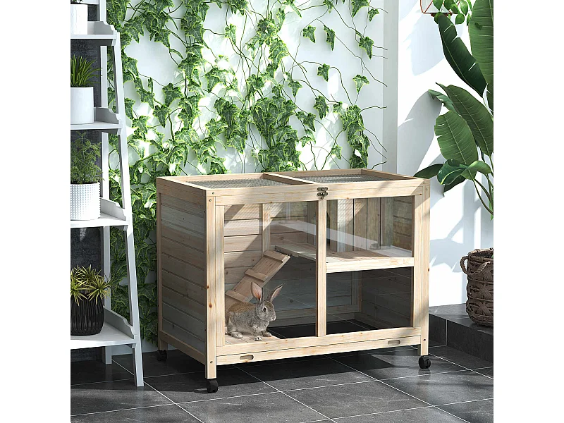 Conigliera in legno 2 piani con casetta rampa e vassoio estraibile