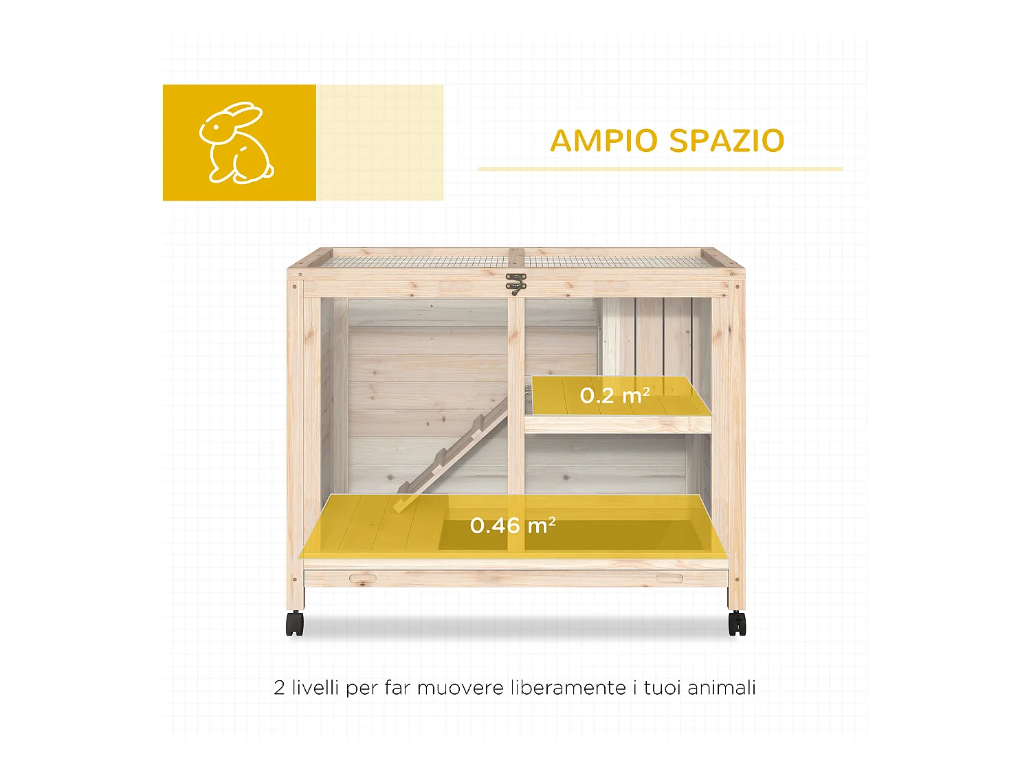 Conigliera in legno 2 piani con casetta rampa e vassoio estraibile