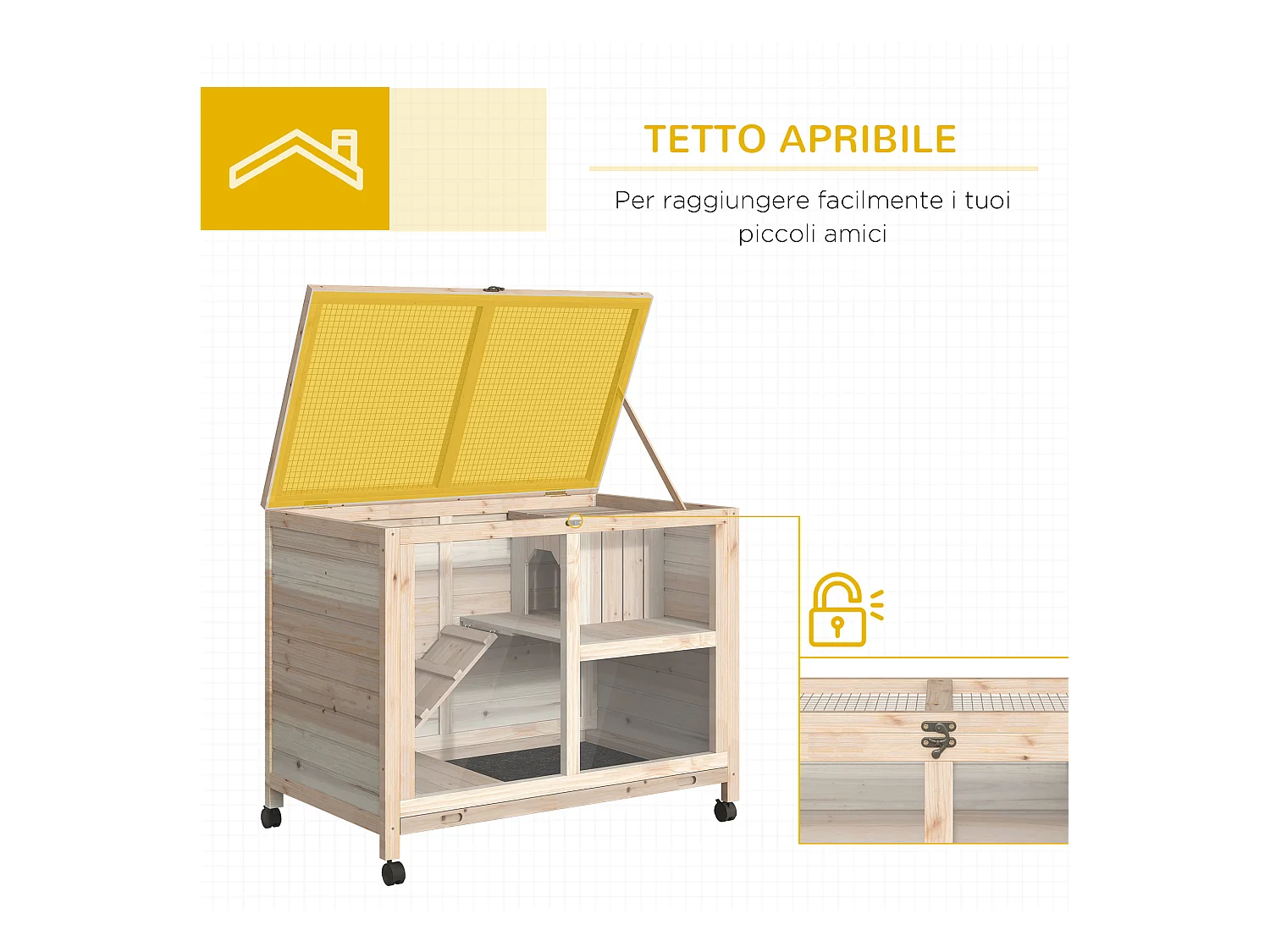 Conigliera in legno 2 piani con casetta rampa e vassoio estraibile