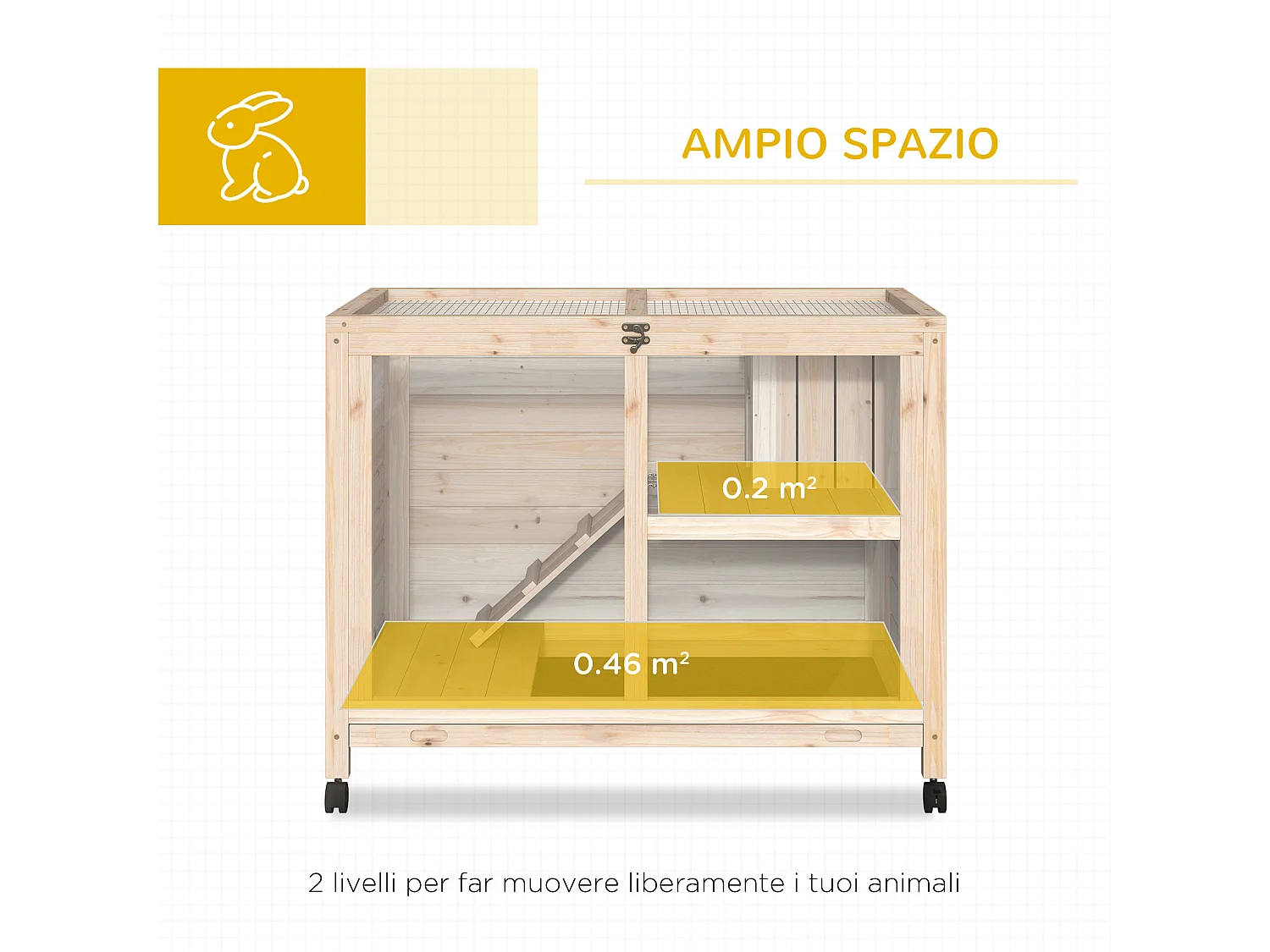 Conigliera in legno 2 piani con casetta rampa e vassoio estraibile
