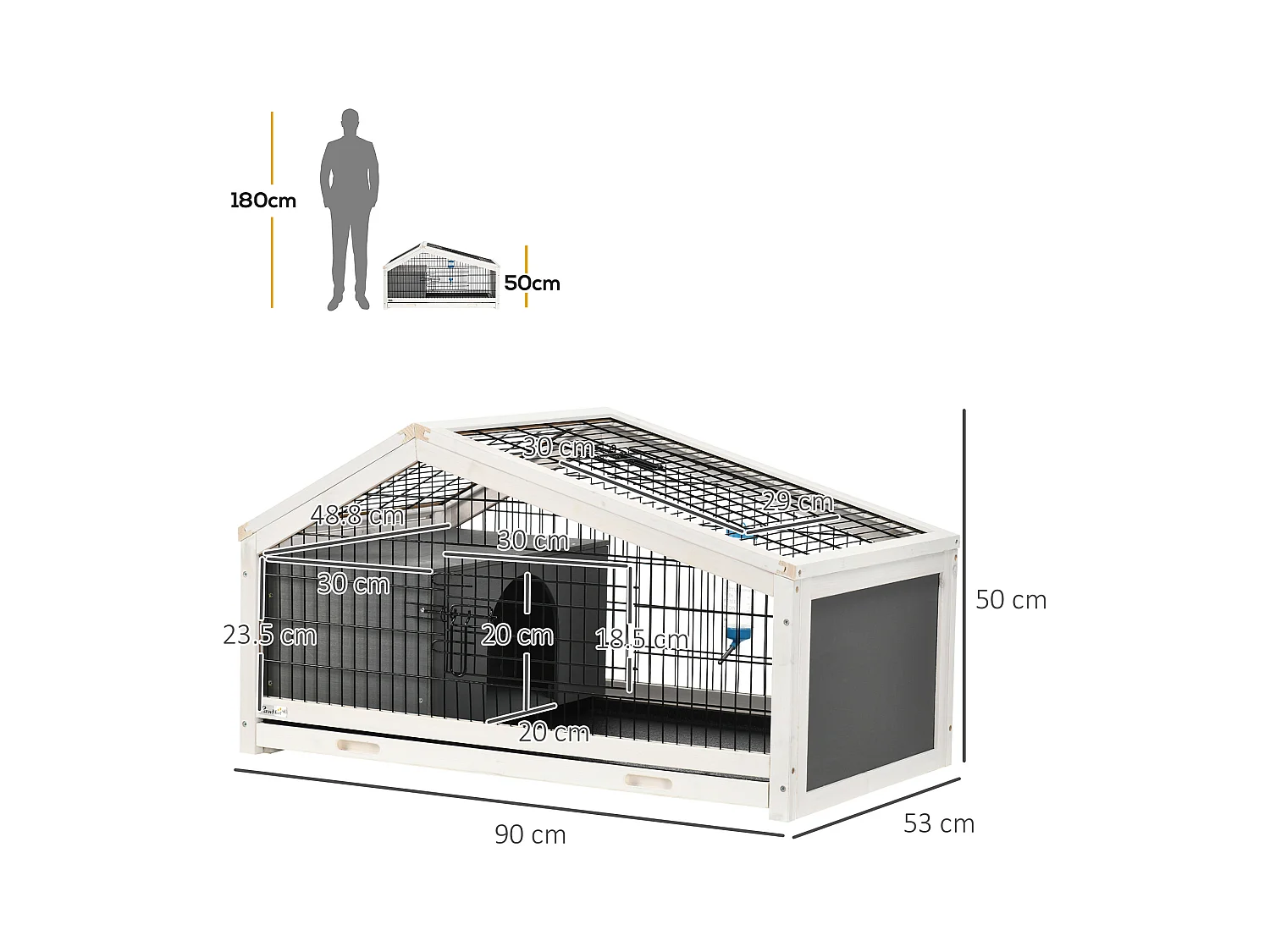 Conigliera in legno con casetta e area aperta per 1 coniglio 90x53x50cm