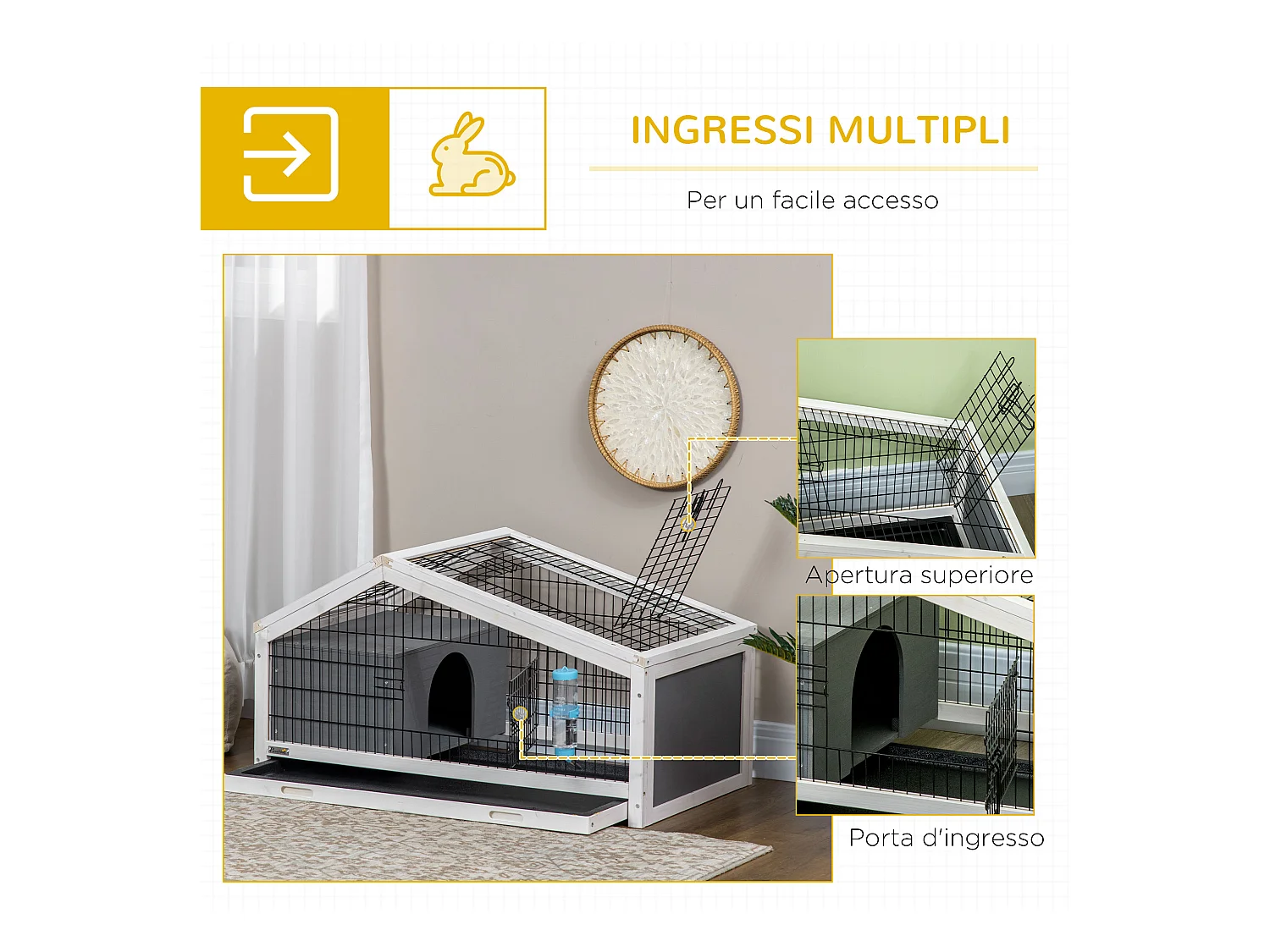 Conigliera in legno con casetta e area aperta per 1 coniglio 90x53x50cm