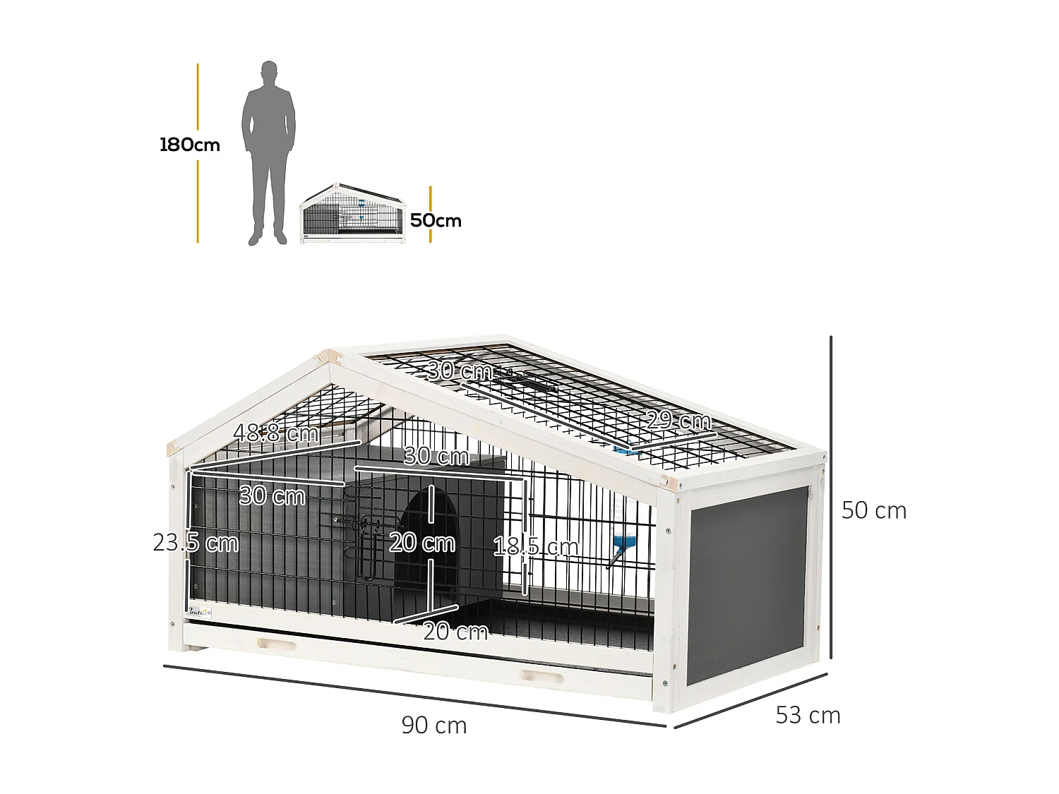 Conigliera in legno con casetta e area aperta per 1 coniglio 90x53x50cm