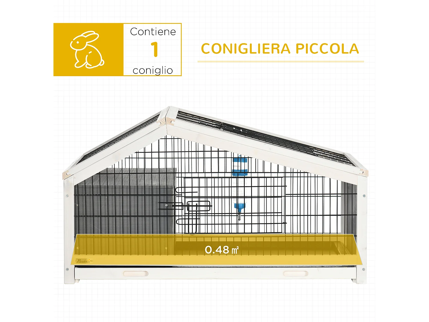 Conigliera in legno con casetta e area aperta per 1 coniglio 90x53x50cm