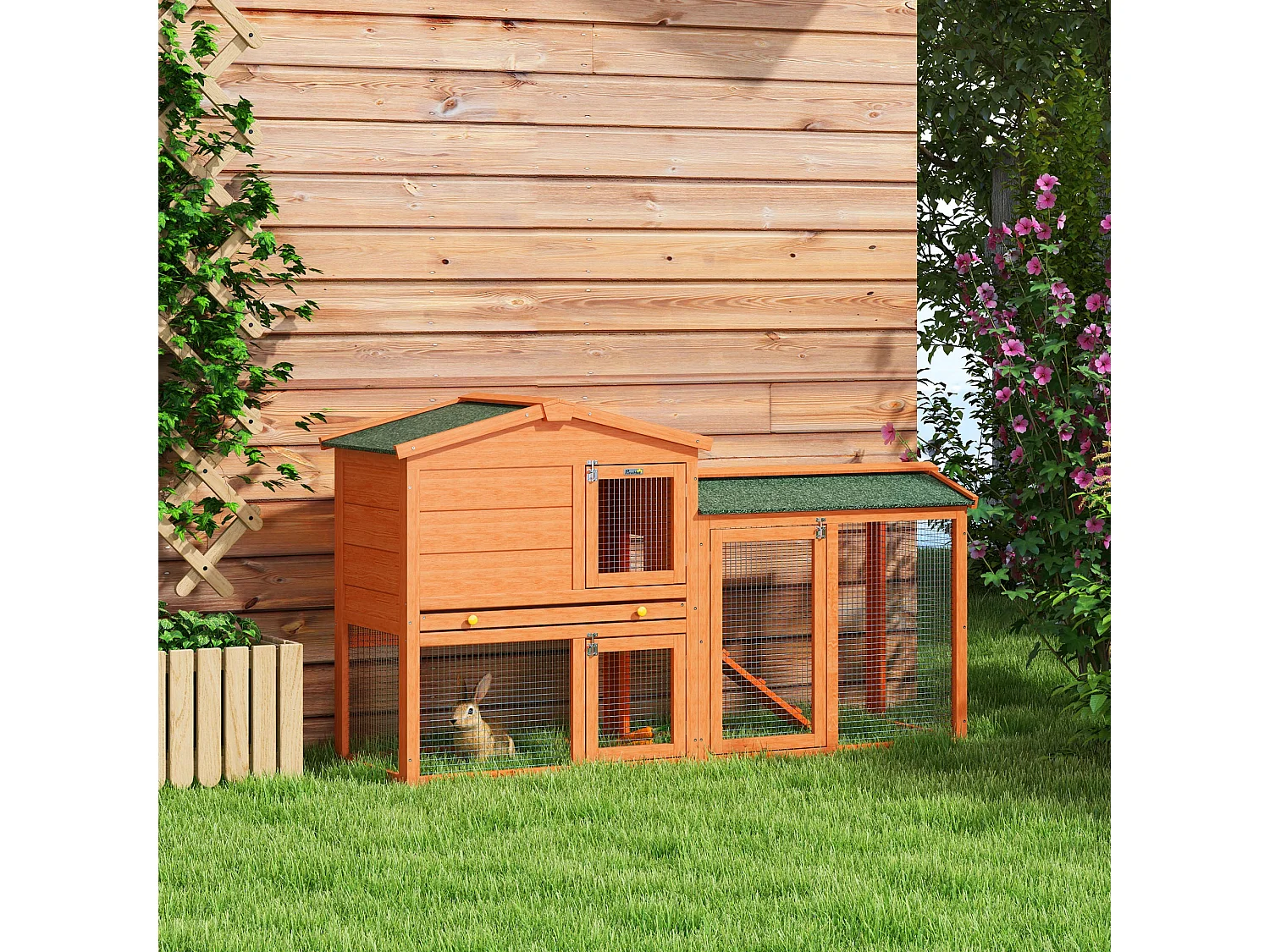 Conigliera a 2 piani da esterno in legno di abete e metallo