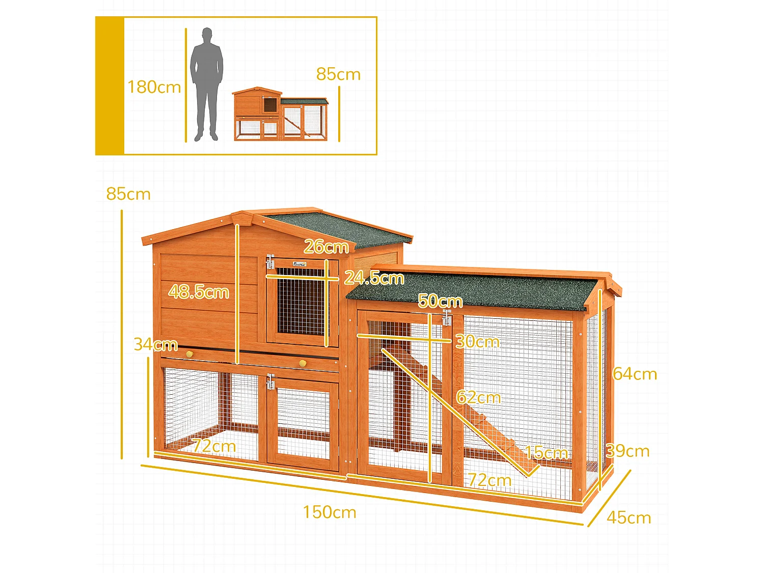 Conigliera a 2 piani da esterno in legno di abete e metallo