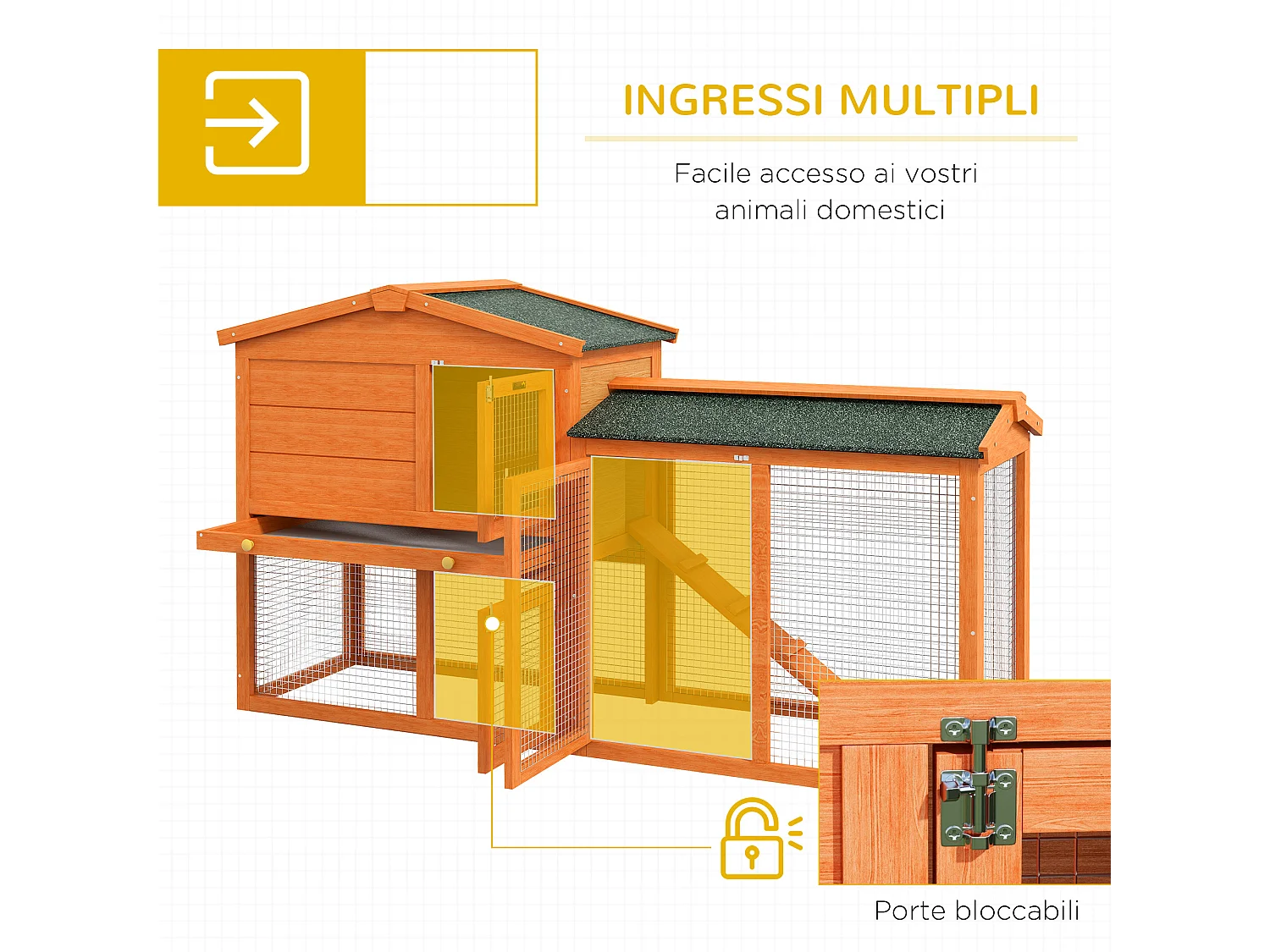Conigliera a 2 piani da esterno in legno di abete e metallo