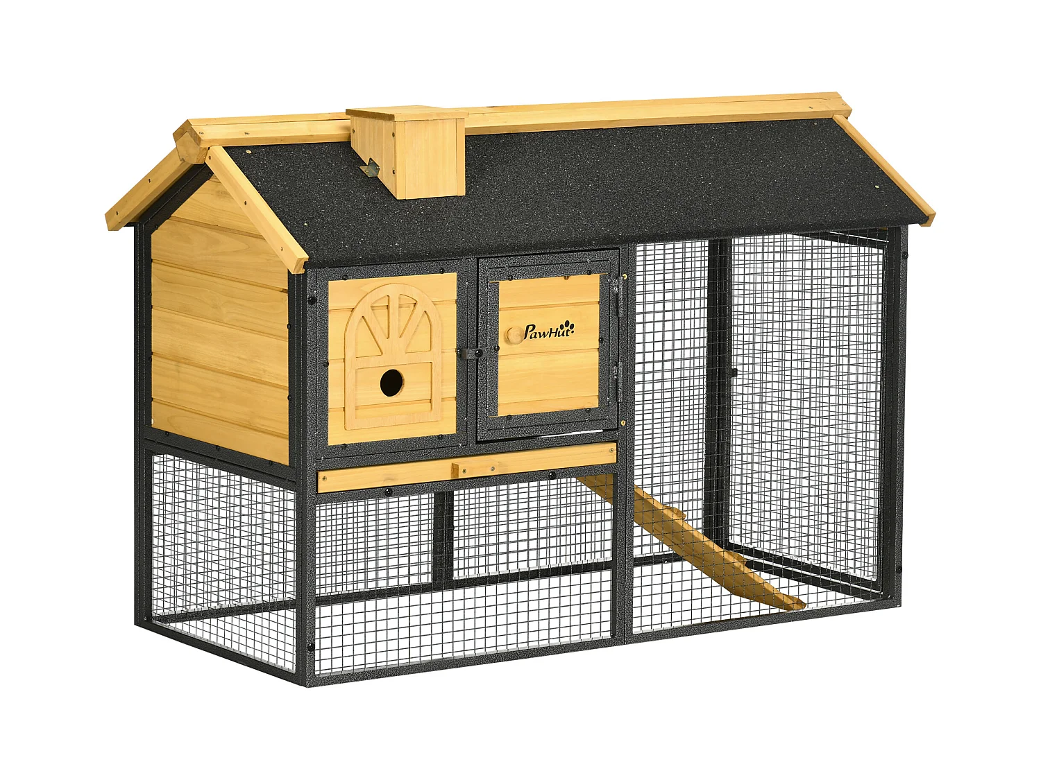 Conigliera da esterno a 2 livelli in legno di abete e acciaio con vassoio