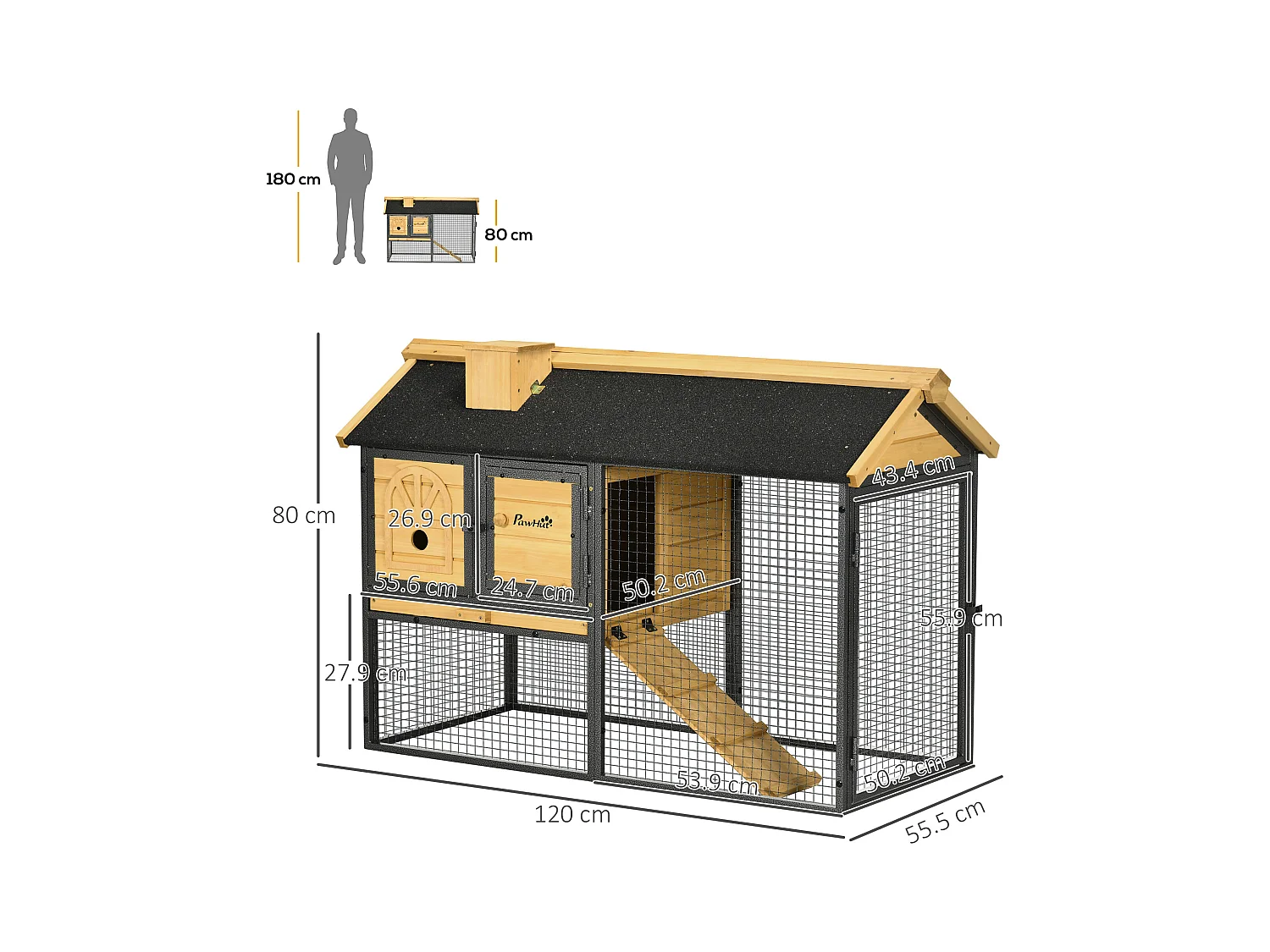 Conigliera da esterno a 2 livelli in legno di abete e acciaio con vassoio