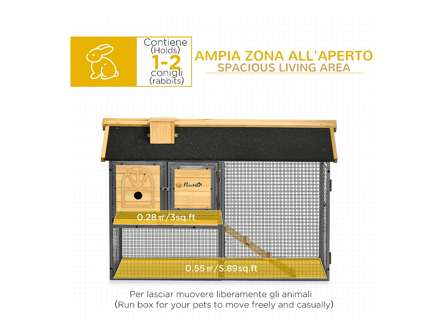 Conigliera da esterno a 2 livelli in legno di abete e acciaio con vassoio