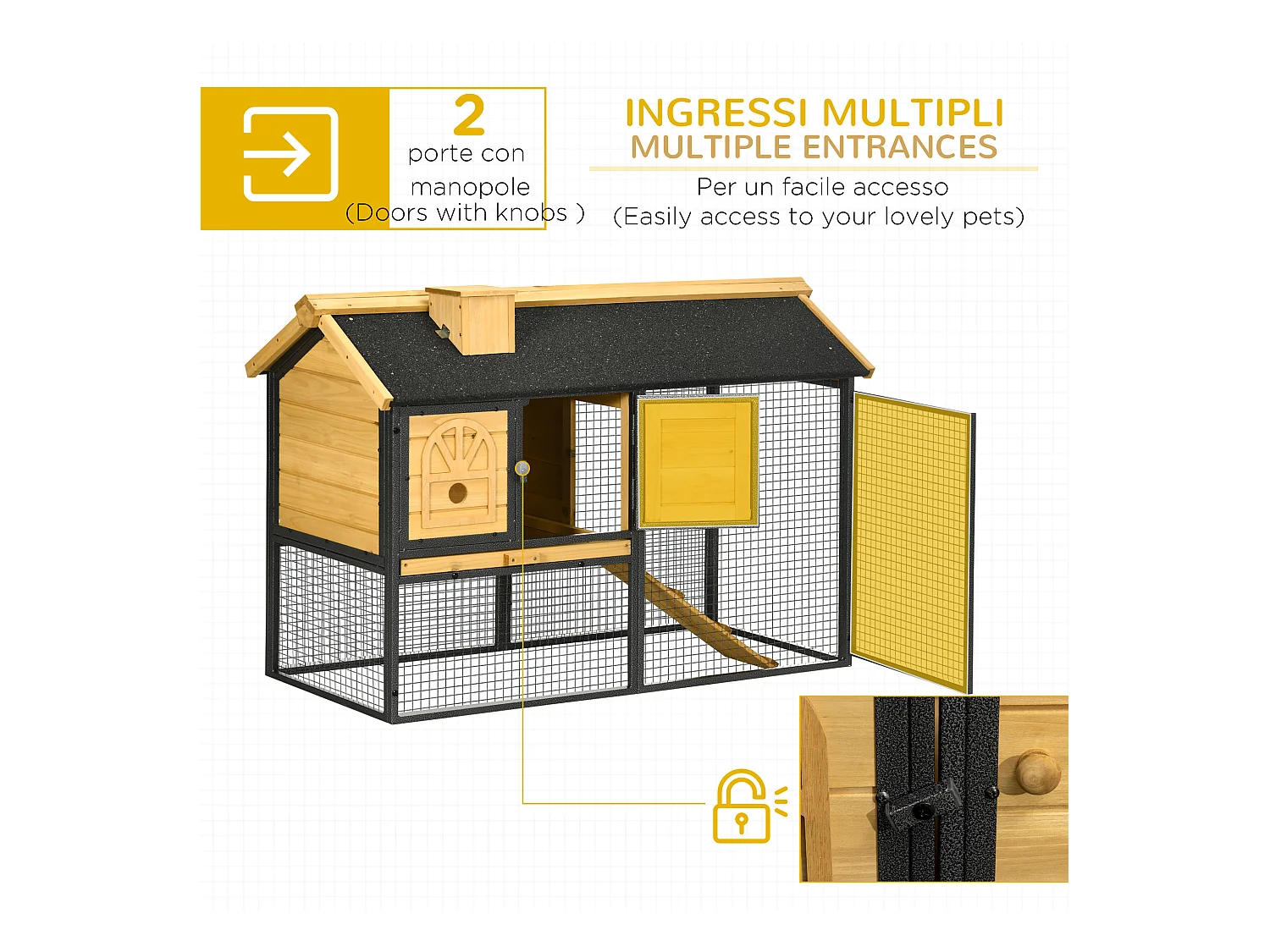 Conigliera da esterno a 2 livelli in legno di abete e acciaio con vassoio